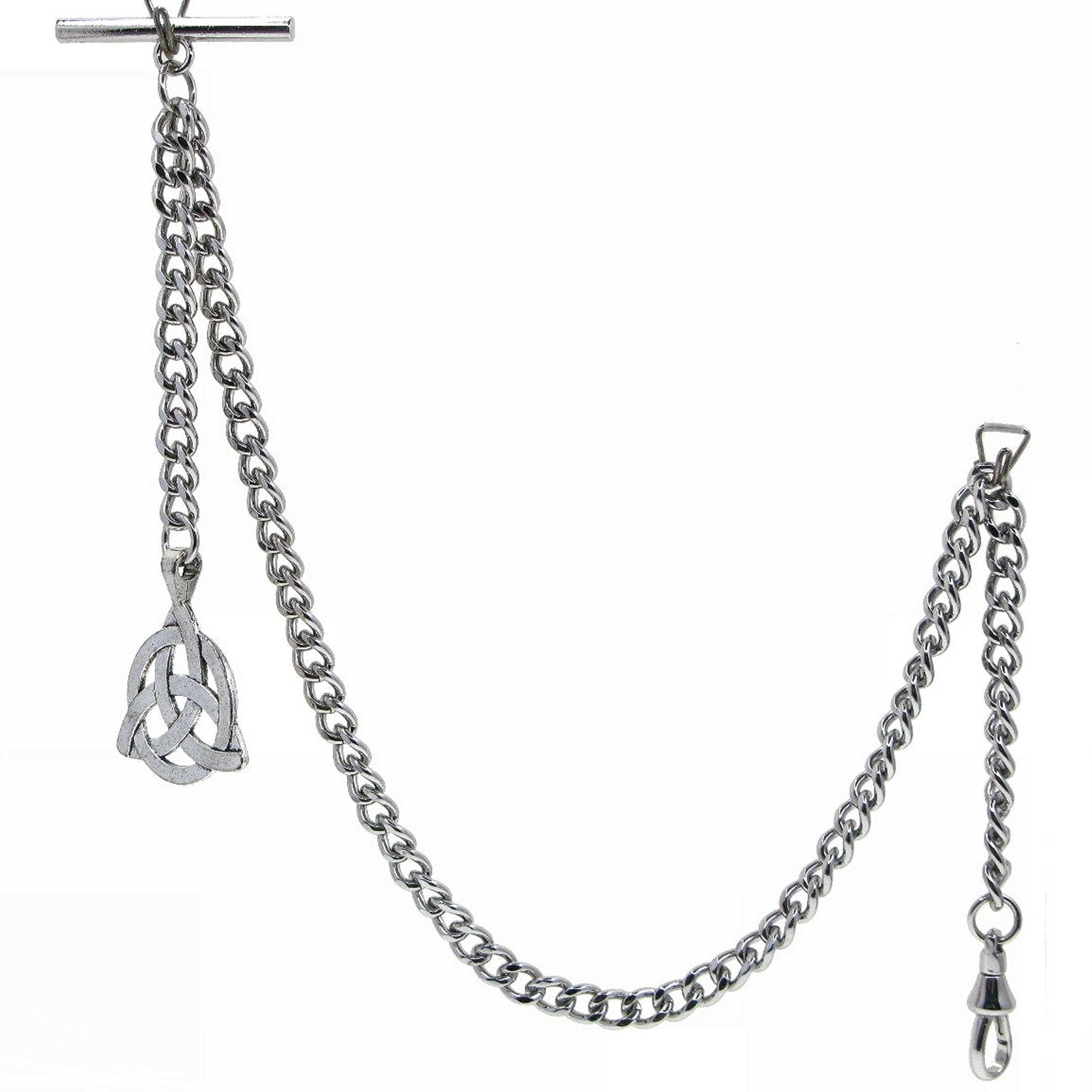 Albert Chain Silver Tone Pocket Watch Chain Vest Chain with Celtic Knot Design Fob on Drop T Bar Swivel Clip AC225