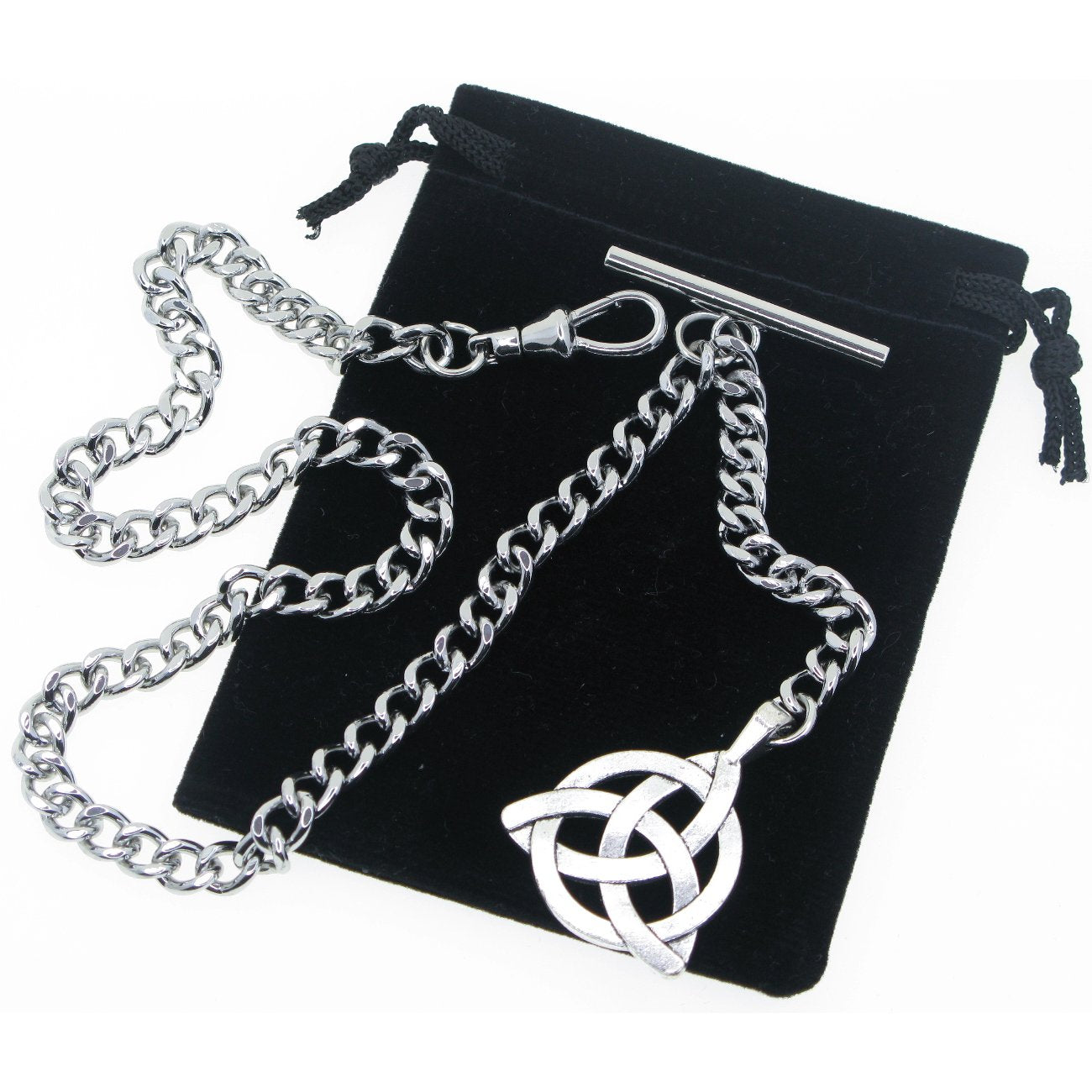 Albert Chain Silver Tone Pocket Watch Chain Vest Chain with Celtic Knot Design Fob on Drop T Bar Swivel Clip AC225