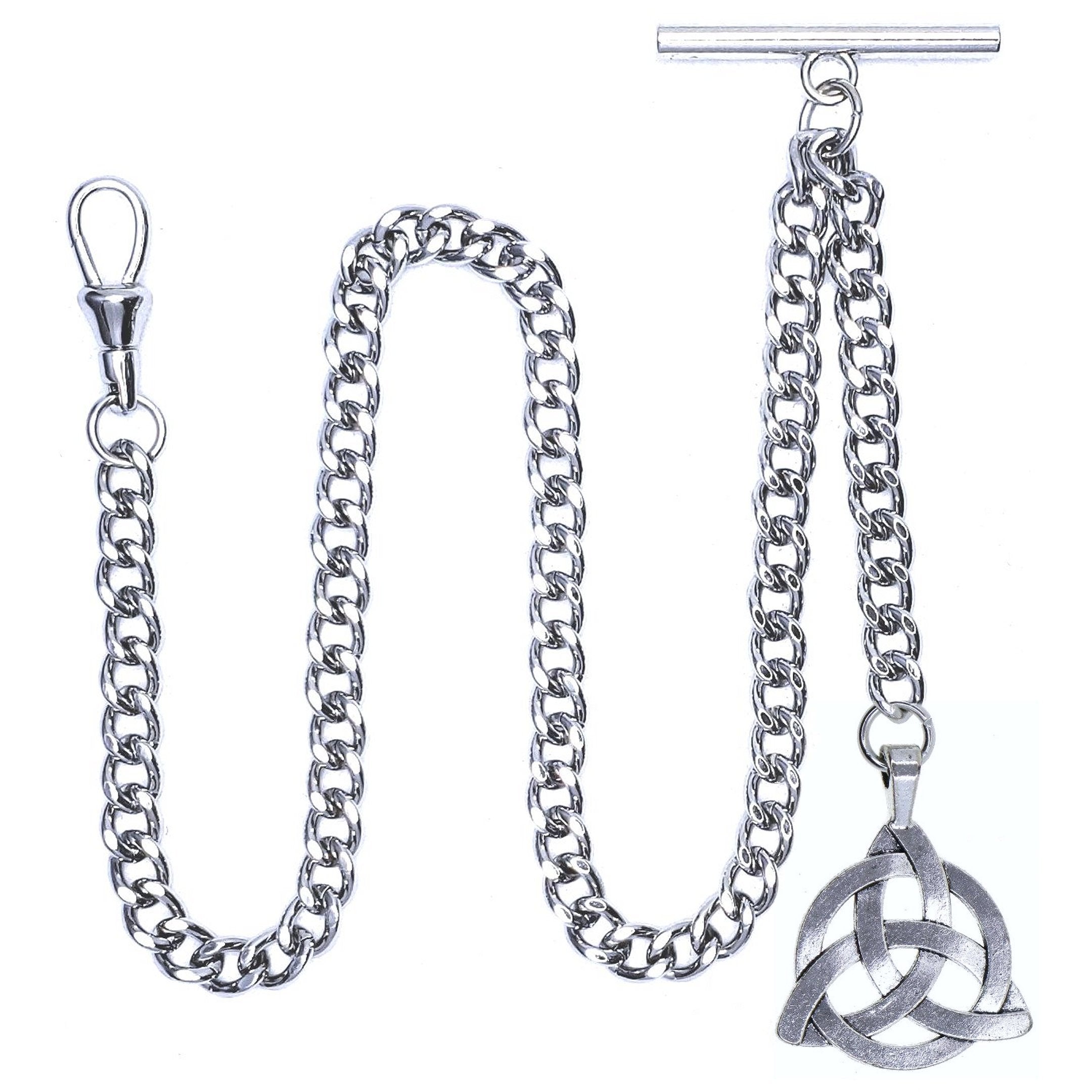 Albert Chain Silver Tone Pocket Watch Chain Vest Chain with Celtic Knot Design Fob on Drop T Bar Swivel Clip AC225