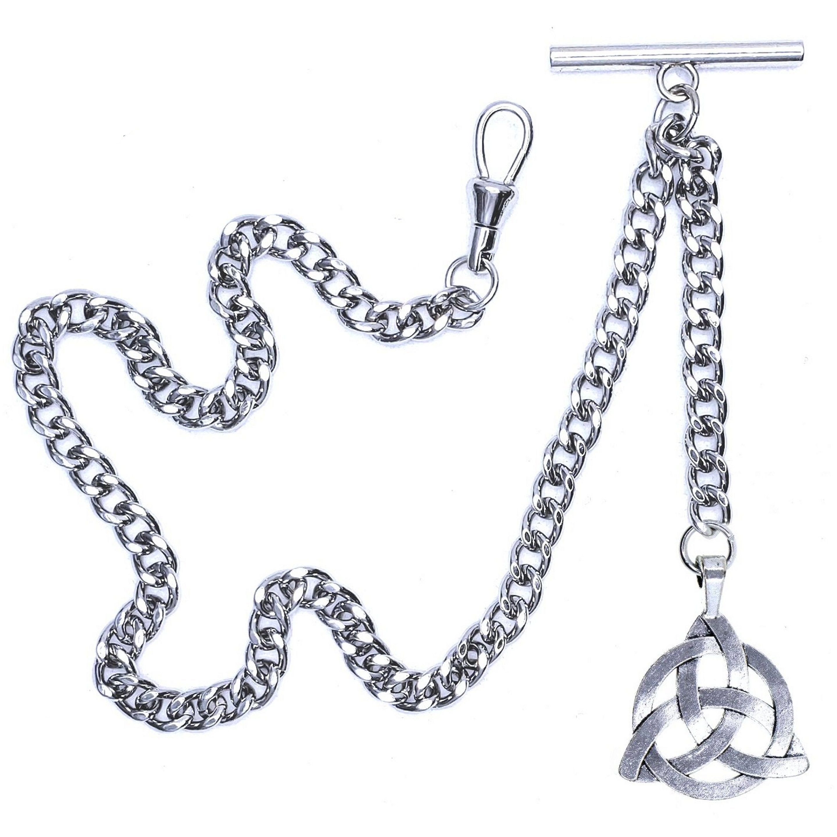 Albert Chain Silver Tone Pocket Watch Chain Vest Chain with Celtic Knot Design Fob on Drop T Bar Swivel Clip AC225