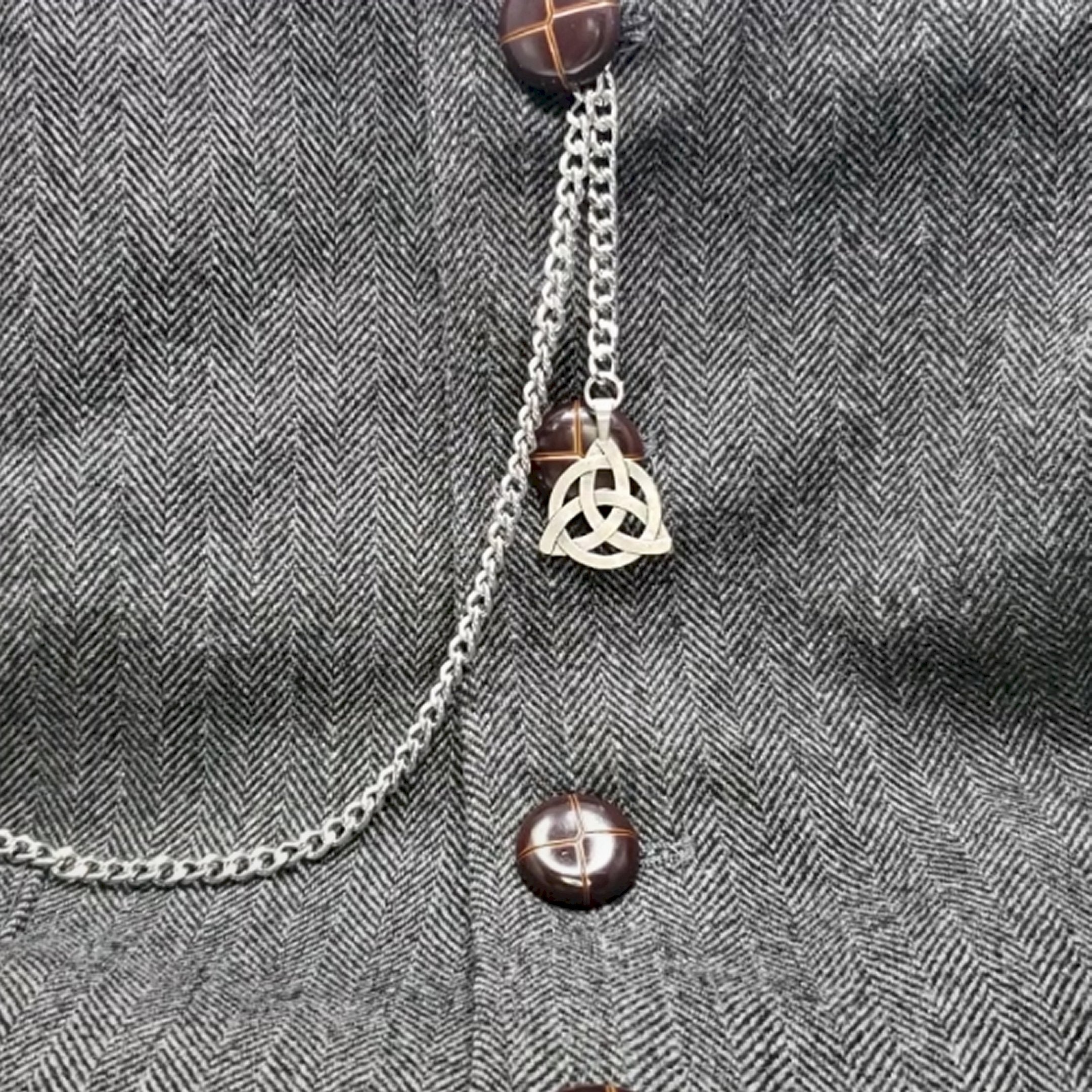 Albert Chain Silver Tone Pocket Watch Chain Vest Chain with Celtic Knot Design Fob on Drop T Bar Swivel Clip AC225