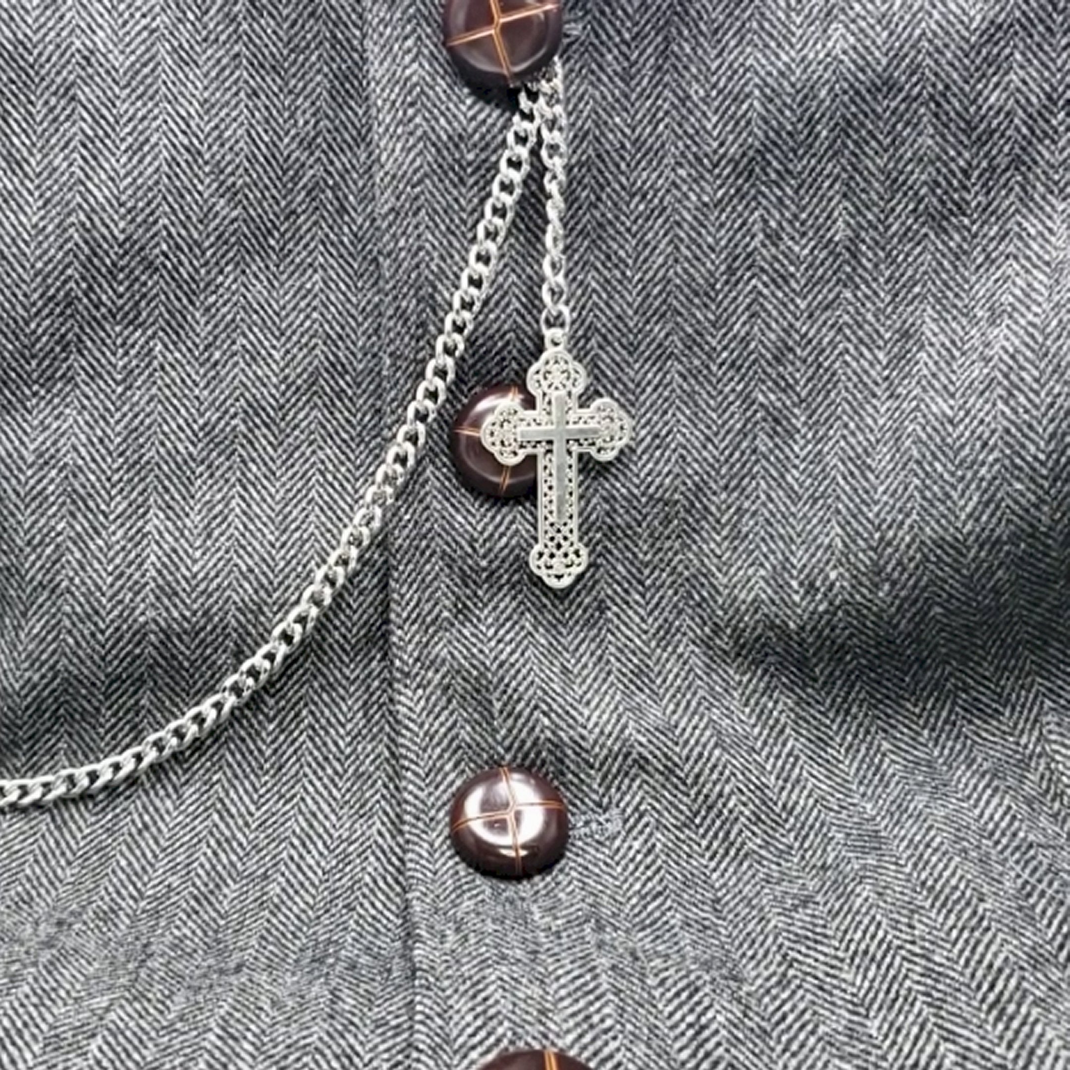 Albert Chain Silver Tone Pocket Watch Chain Vest Chain with Religious Cross Design Fob on Drop T Bar Swivel Clip AC226