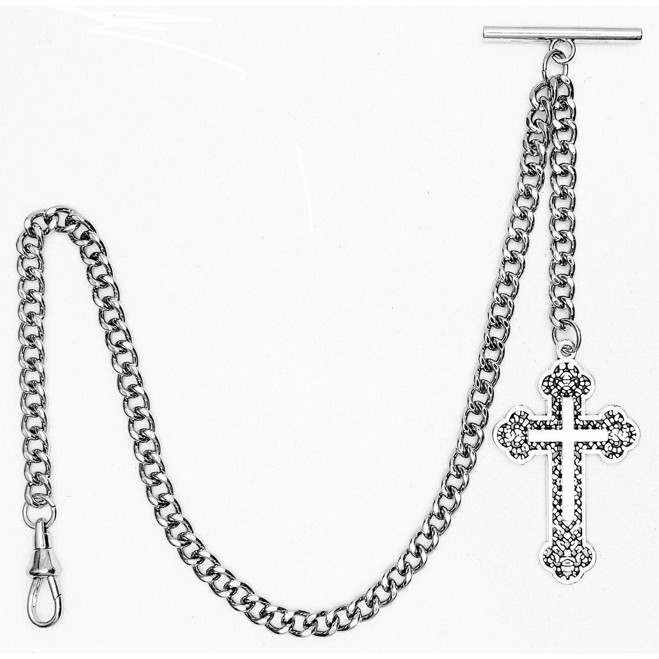 Albert Chain Silver Tone Pocket Watch Chain Vest Chain with Religious Cross Design Fob on Drop T Bar Swivel Clip AC226