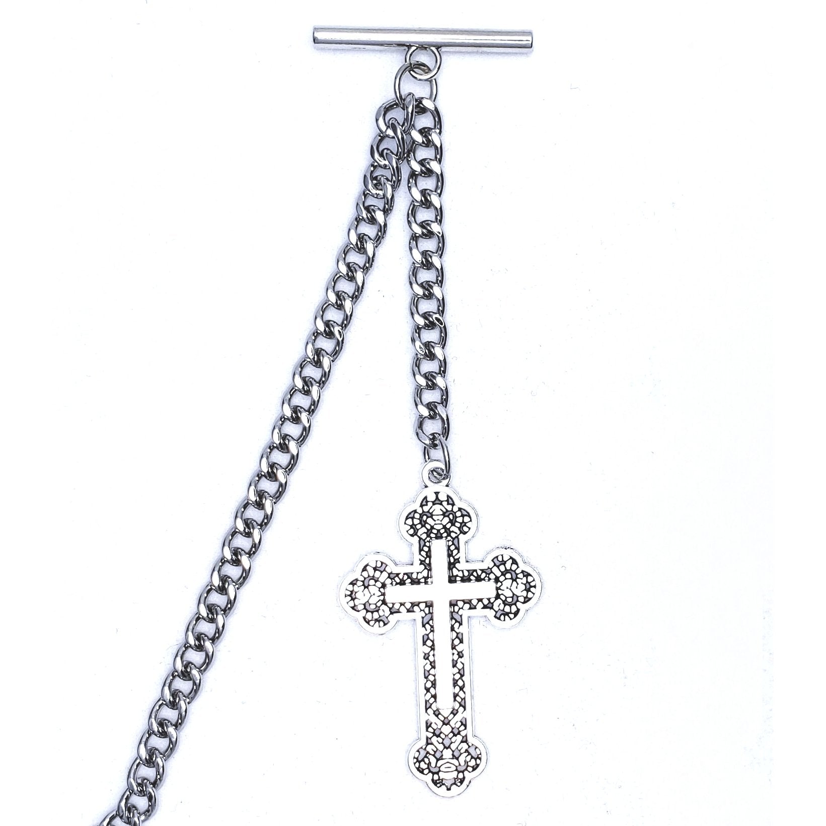 Albert Chain Silver Tone Pocket Watch Chain Vest Chain with Religious Cross Design Fob on Drop T Bar Swivel Clip AC226
