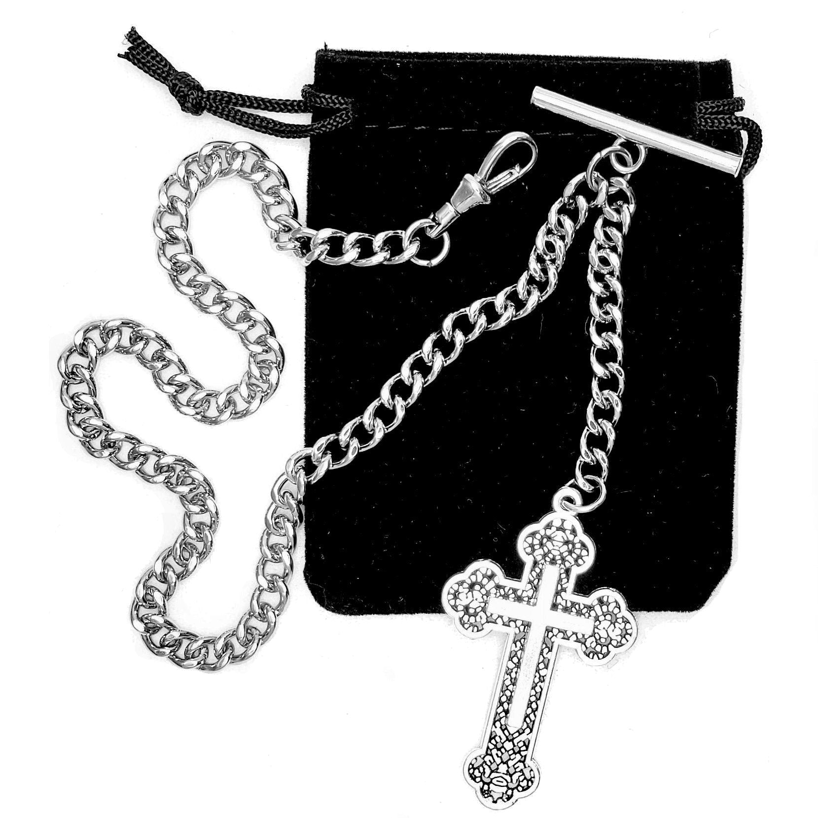 Albert Chain Silver Tone Pocket Watch Chain Vest Chain with Religious Cross Design Fob on Drop T Bar Swivel Clip AC226