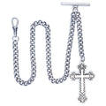 Albert Chain Silver Tone Pocket Watch Chain Vest Chain with Religious Cross Design Fob on Drop T Bar Swivel Clip AC226