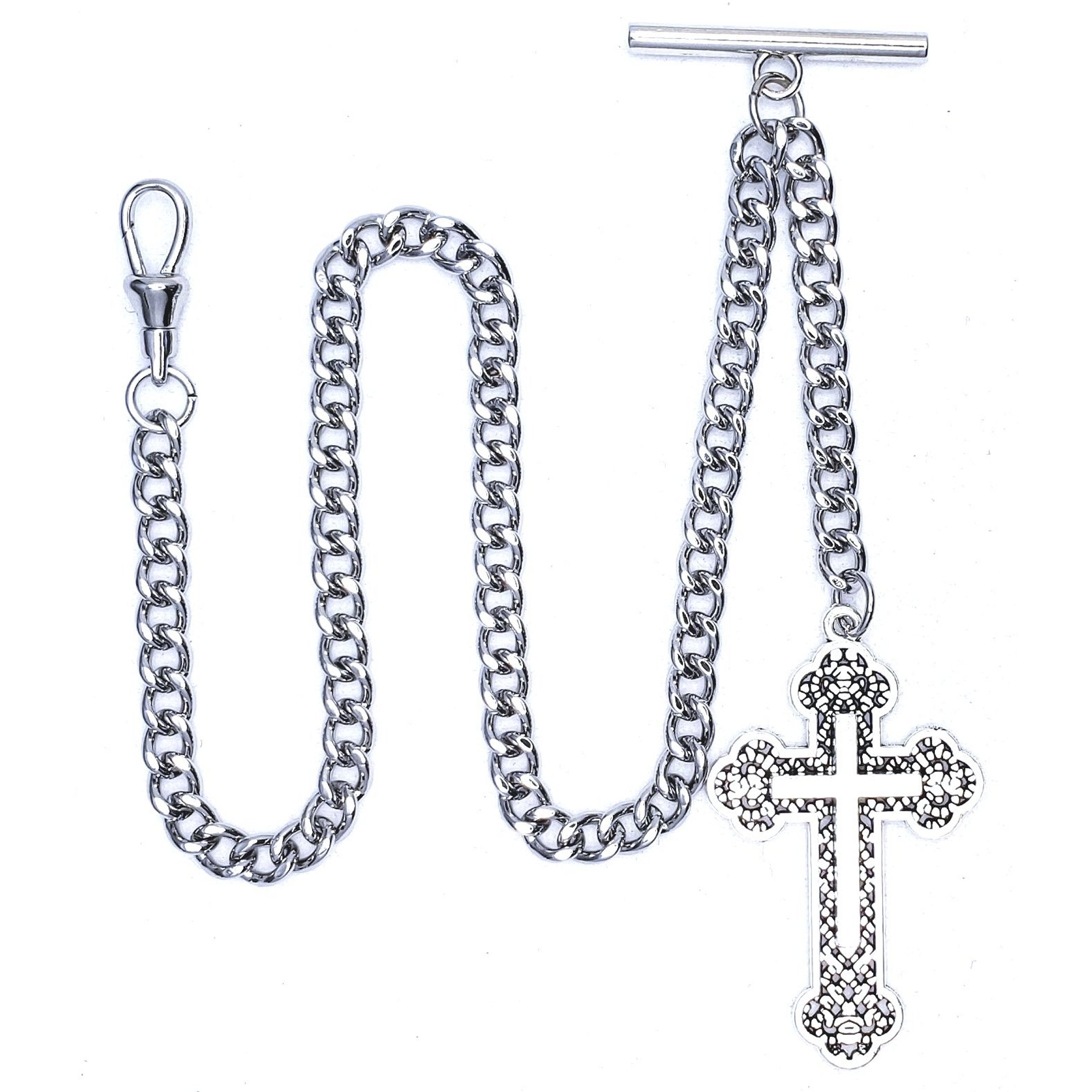 Albert Chain Silver Tone Pocket Watch Chain Vest Chain with Religious Cross Design Fob on Drop T Bar Swivel Clip AC226