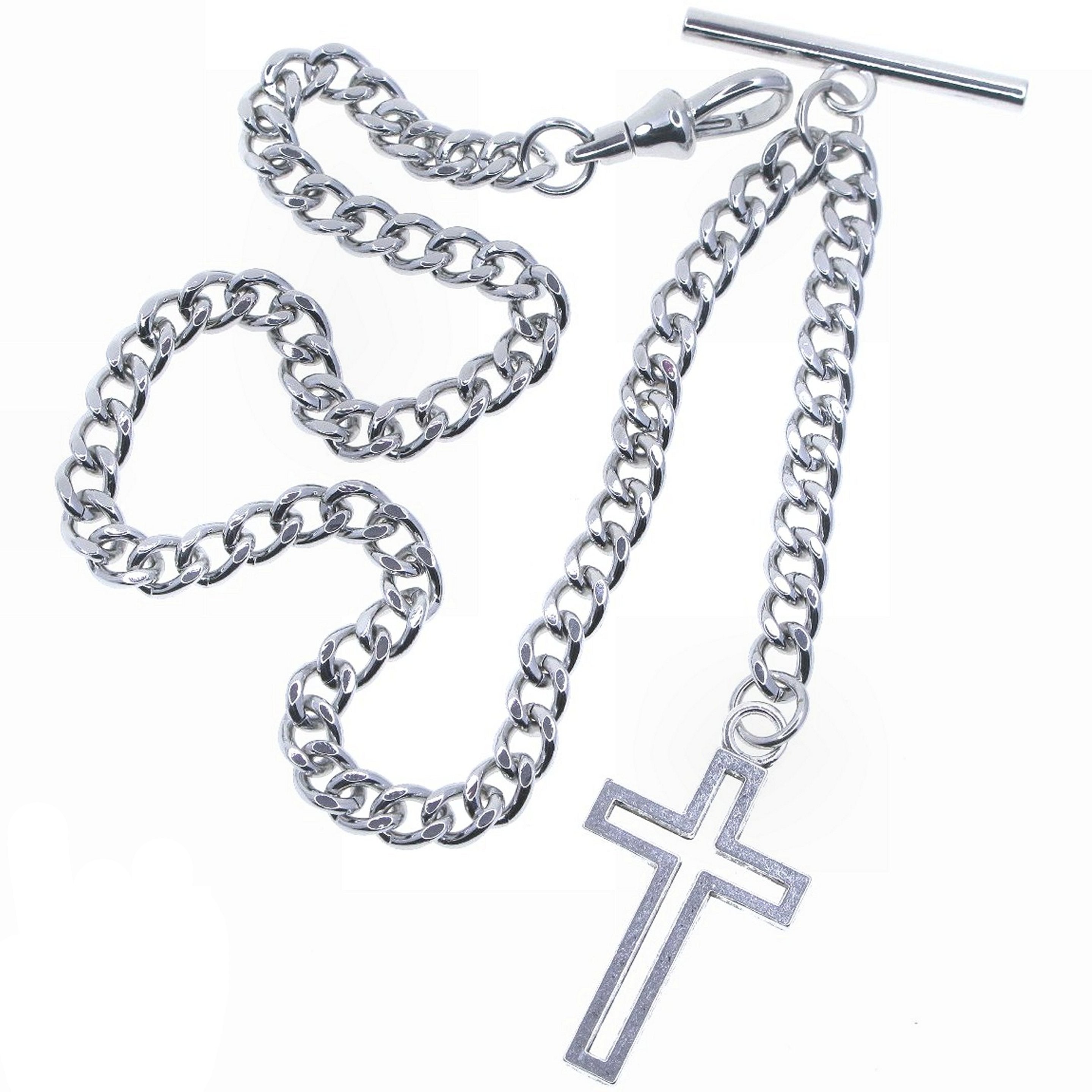 Albert Chain Silver Tone Pocket Watch Chain Vest Chain with Religious Cross Design Fob on Drop T Bar Swivel Clip AC227