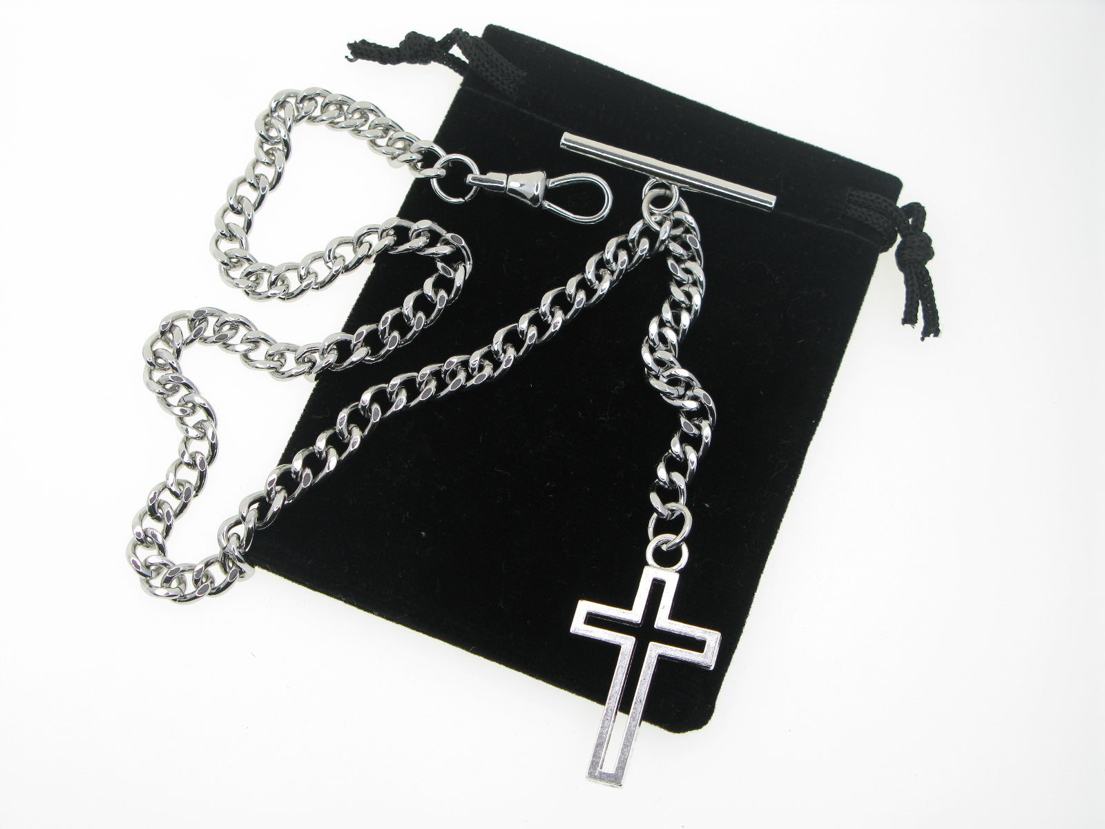 Albert Chain Silver Tone Pocket Watch Chain Vest Chain with Religious Cross Design Fob on Drop T Bar Swivel Clip AC227