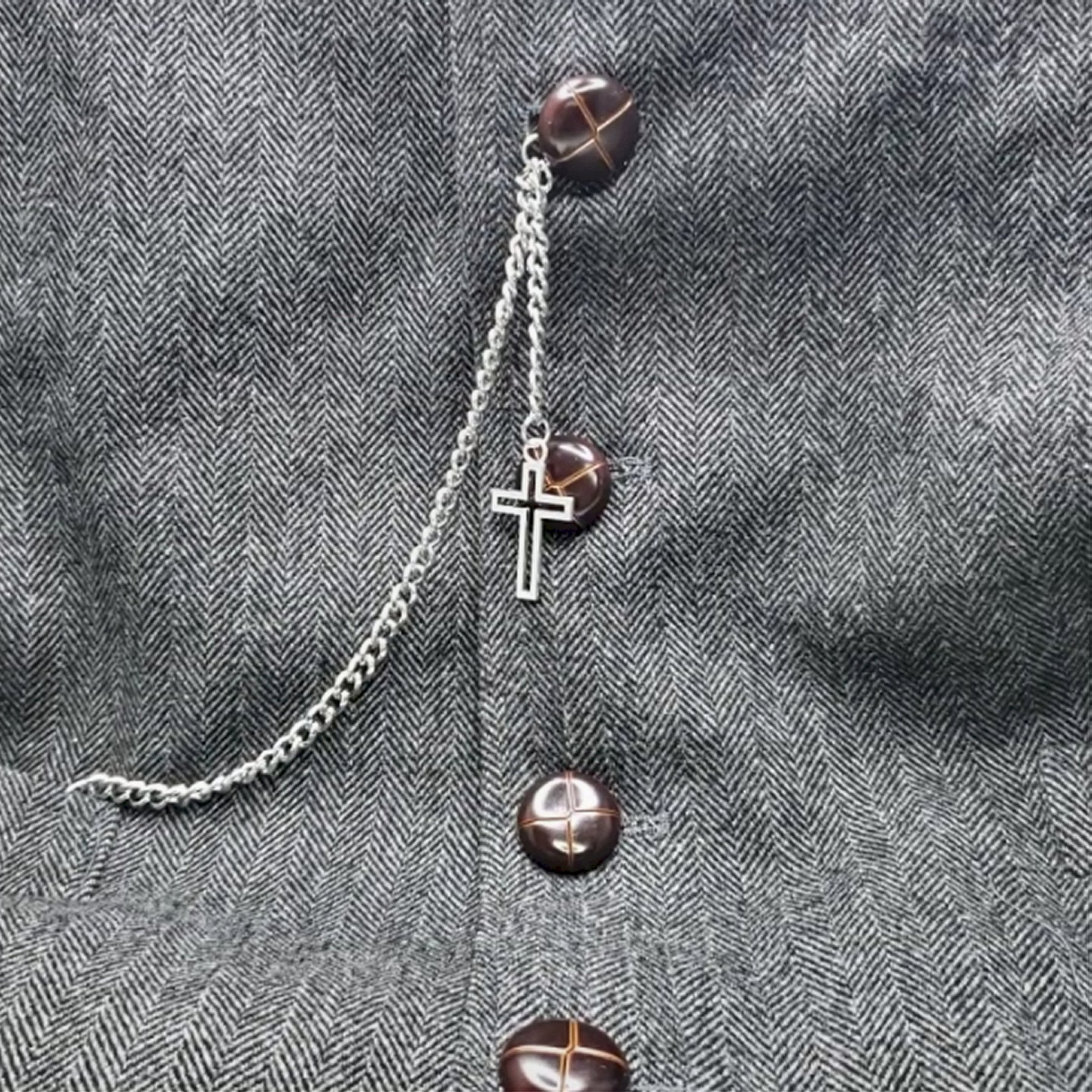 Albert Chain Silver Tone Pocket Watch Chain Vest Chain with Religious Cross Design Fob on Drop T Bar Swivel Clip AC227