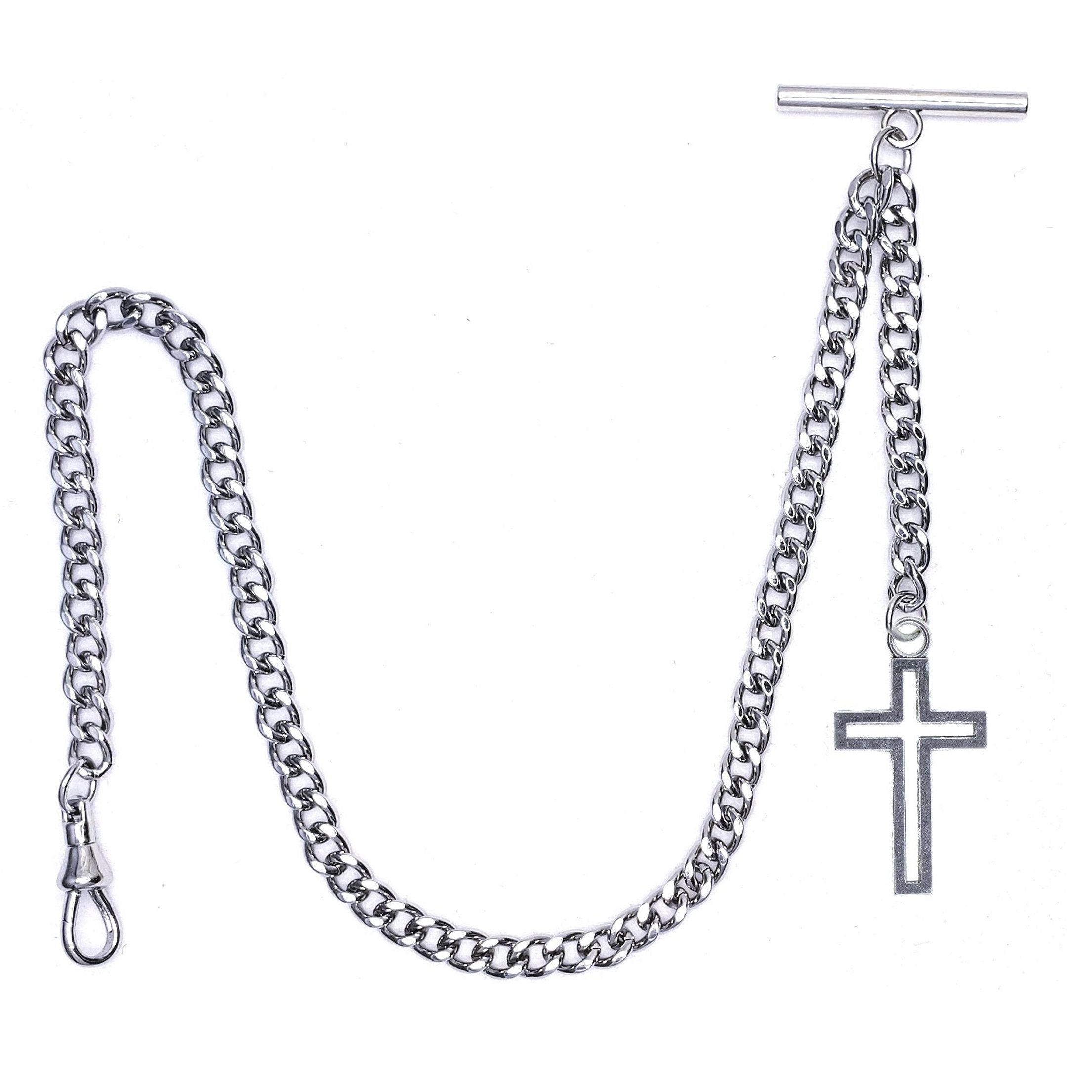 Albert Chain Silver Tone Pocket Watch Chain Vest Chain with Religious Cross Design Fob on Drop T Bar Swivel Clip AC227