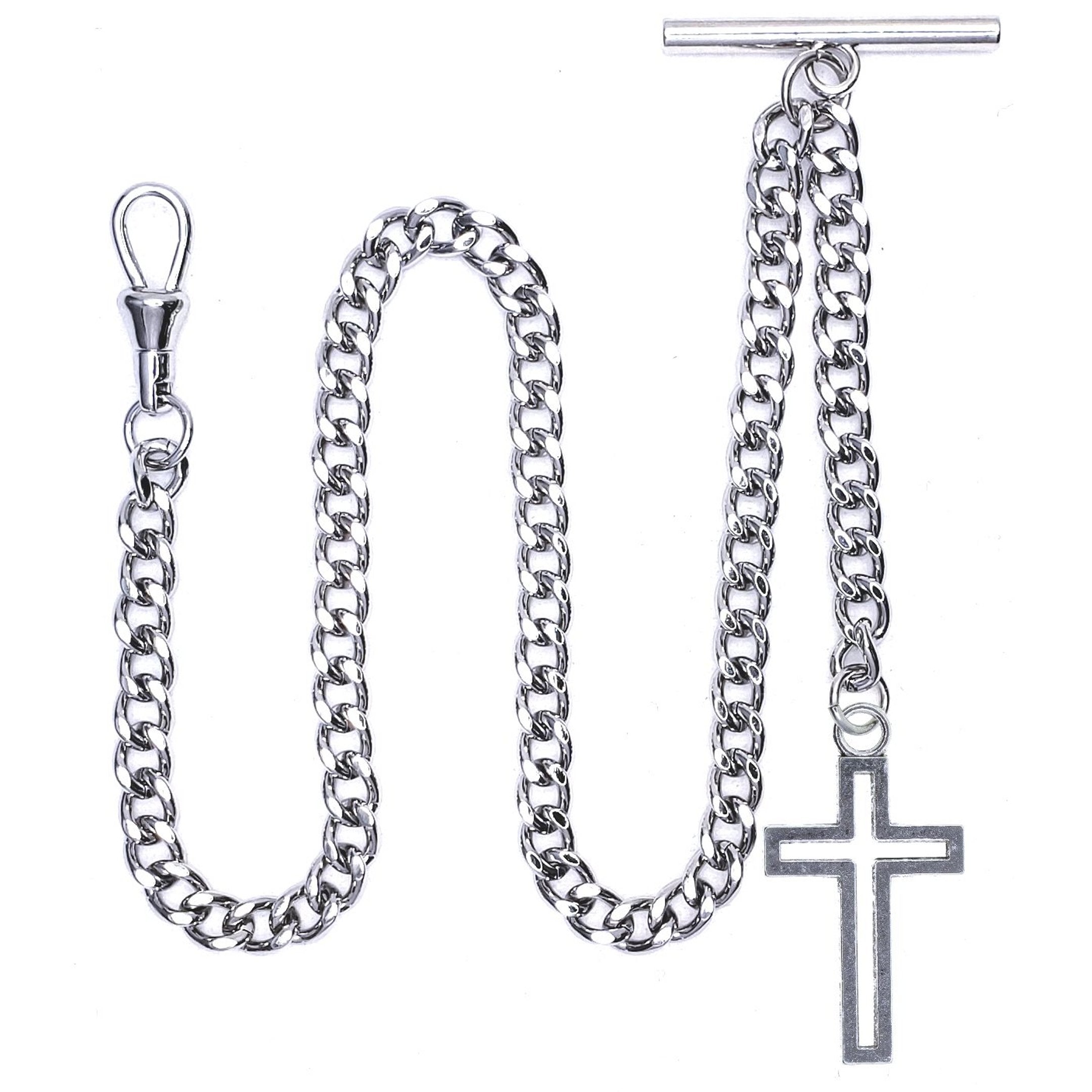 Albert Chain Silver Tone Pocket Watch Chain Vest Chain with Religious Cross Design Fob on Drop T Bar Swivel Clip AC227