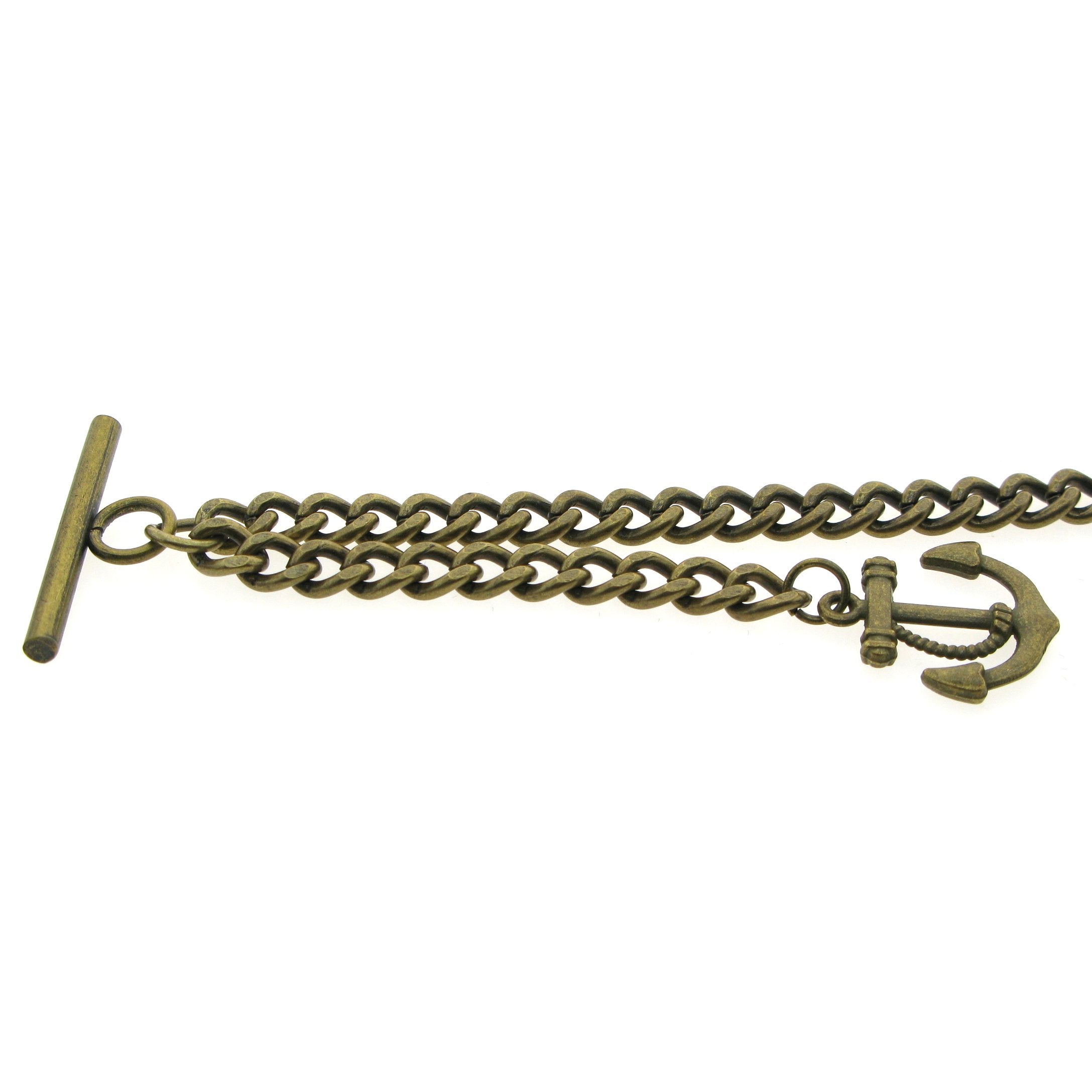 Albert Chain Pocket Watch Chains for Men Antique Brass Plating with Anchor Design Fob T Bar AC24
