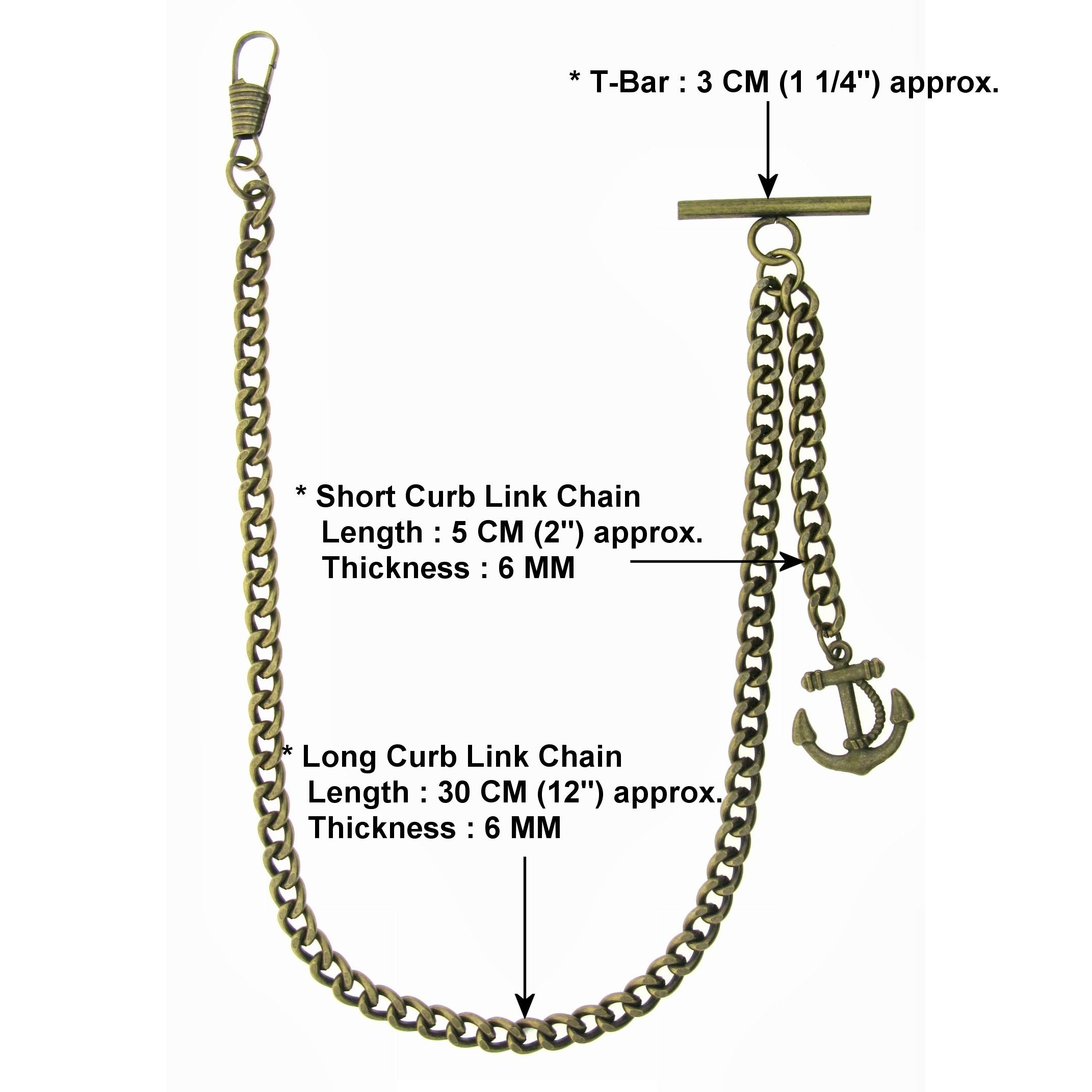 Albert Chain Pocket Watch Chains for Men Antique Brass Plating with Anchor Design Fob T Bar AC24