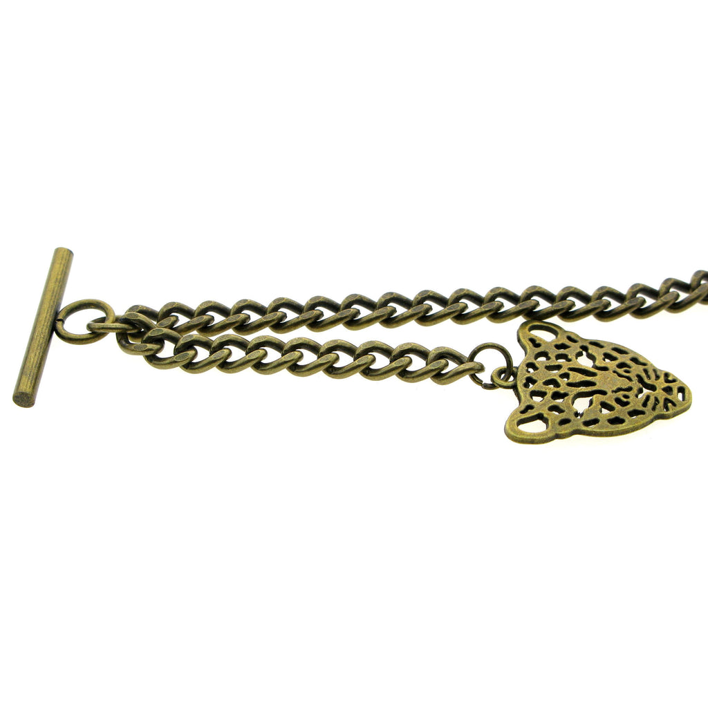 Albert Chain Pocket Watch Chains for Men Antique Brass Plating with Leopard Design Fob T Bar AC25