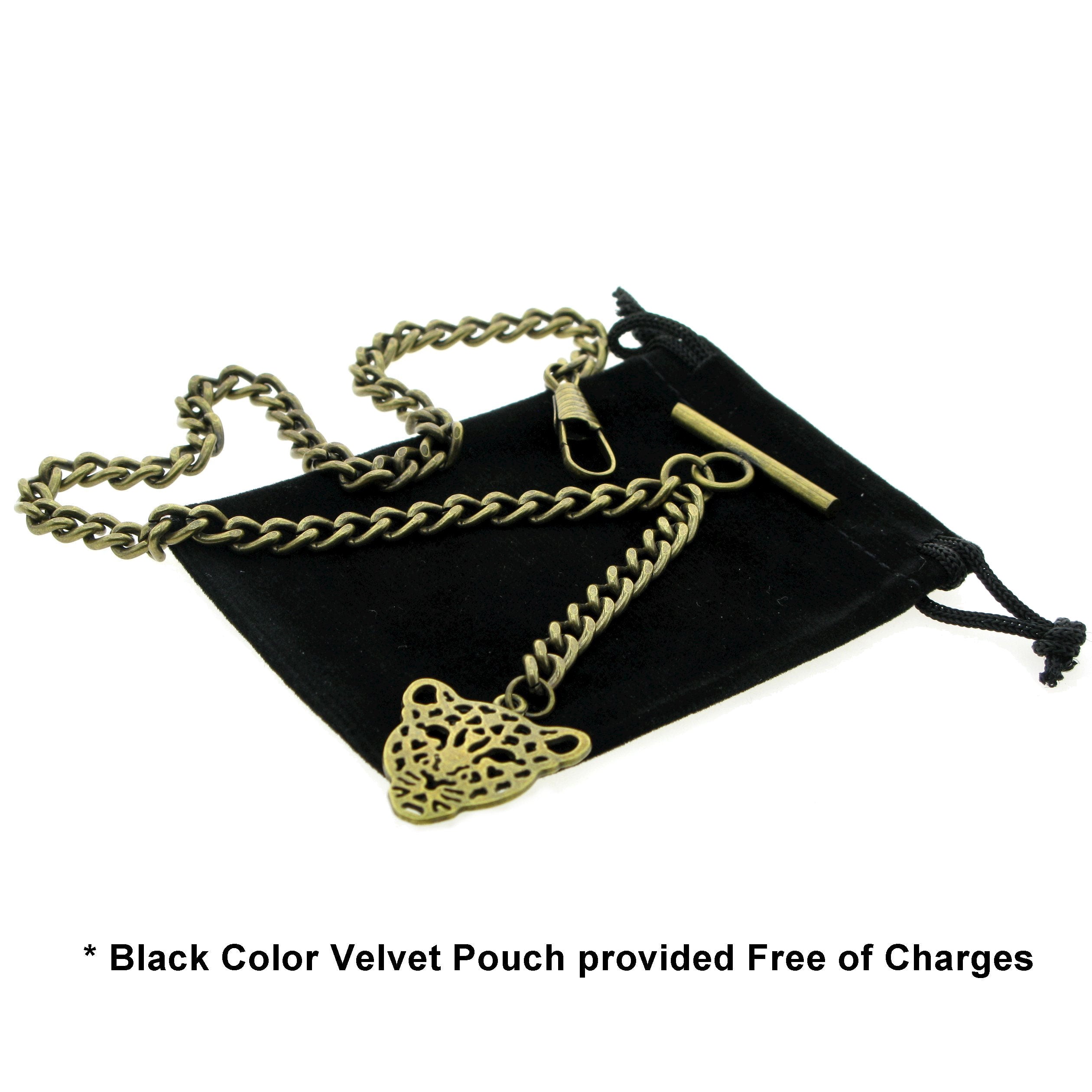 Albert Chain Pocket Watch Chains for Men Antique Brass Plating with Leopard Design Fob T Bar AC25
