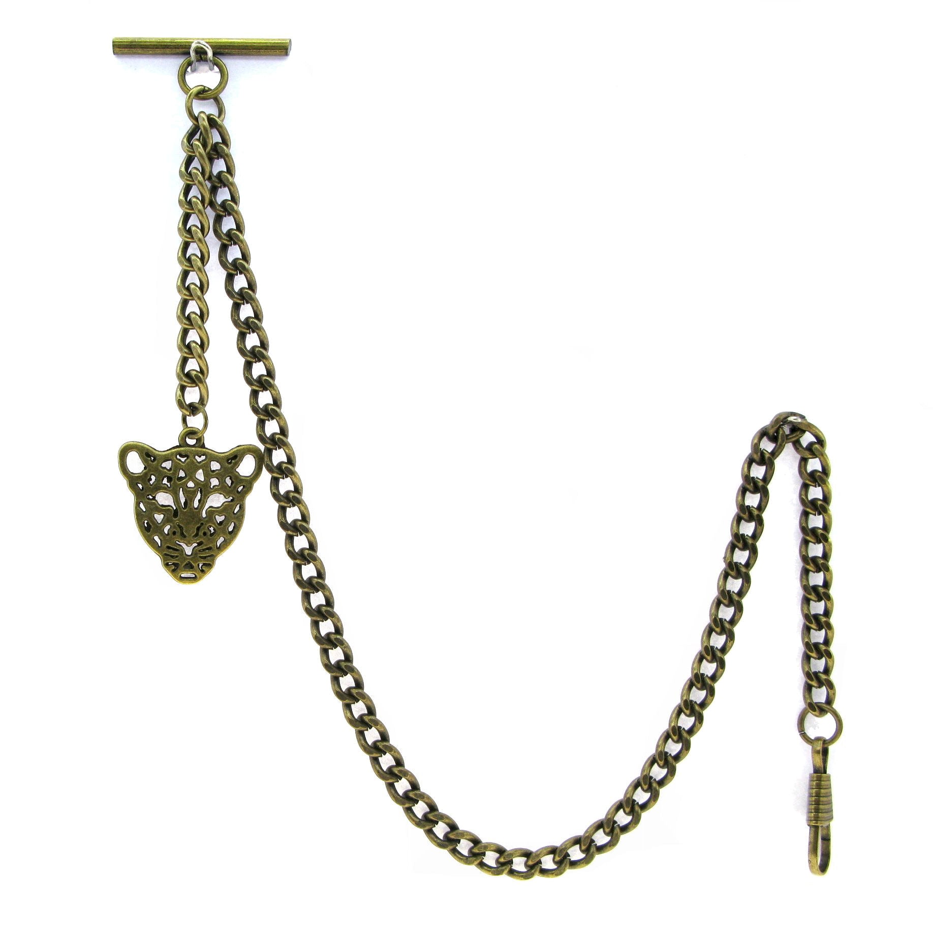 Albert Chain Pocket Watch Chains for Men Antique Brass Plating with Leopard Design Fob T Bar AC25