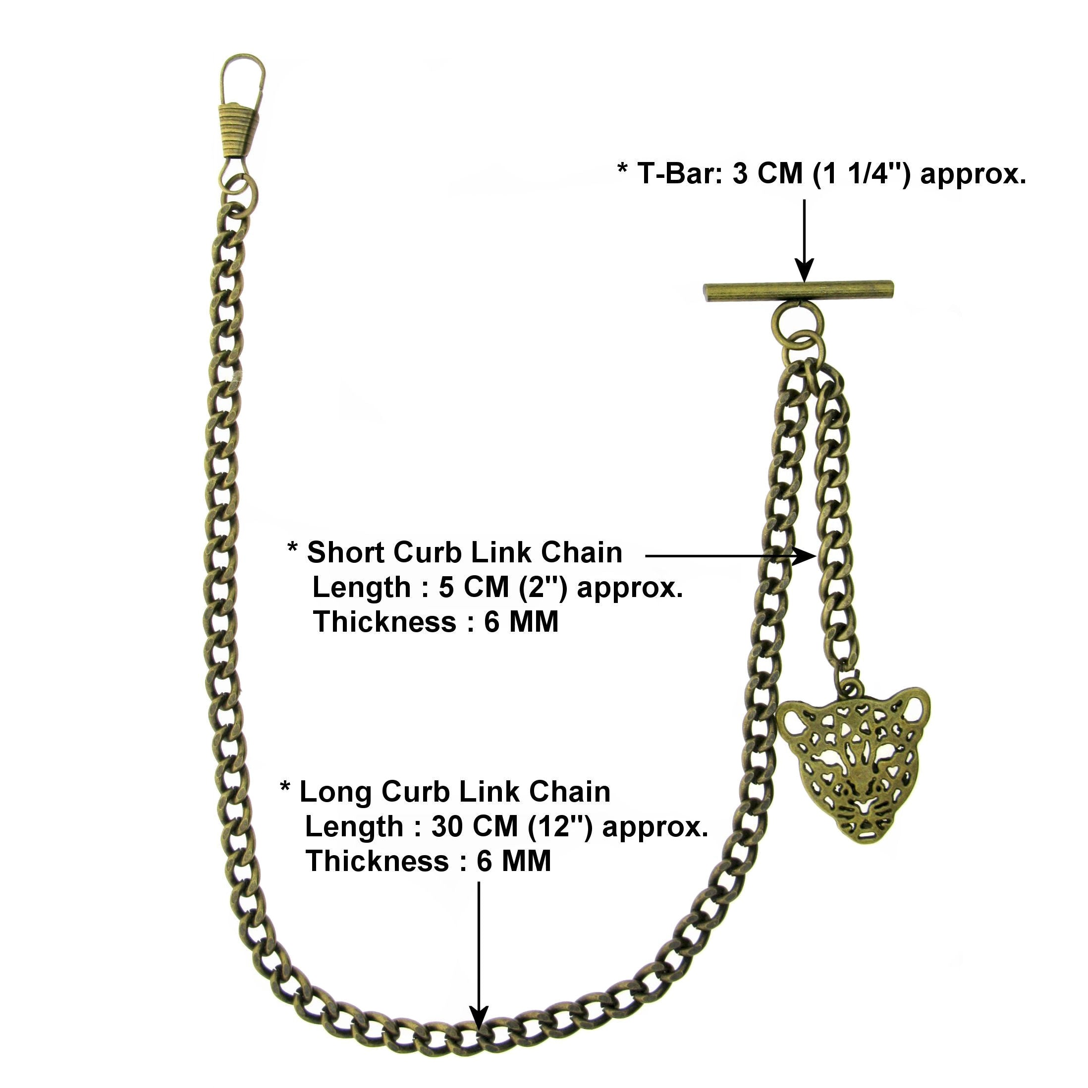 Albert Chain Pocket Watch Chains for Men Antique Brass Plating with Leopard Design Fob T Bar AC25
