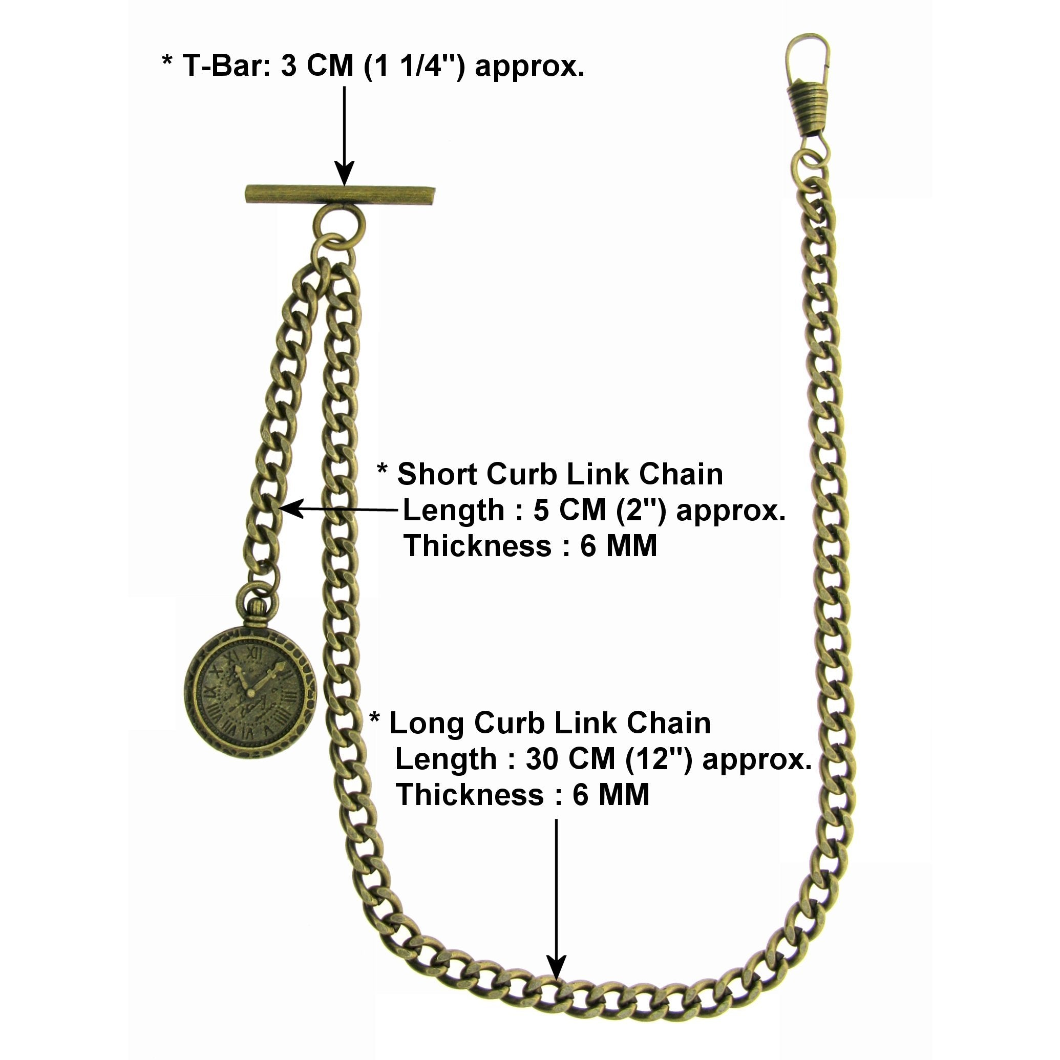 Albert Chain Pocket Watch Chains for Men Antique Brass Plating with Mini Pocket Watch Design Fob T Bar AC26