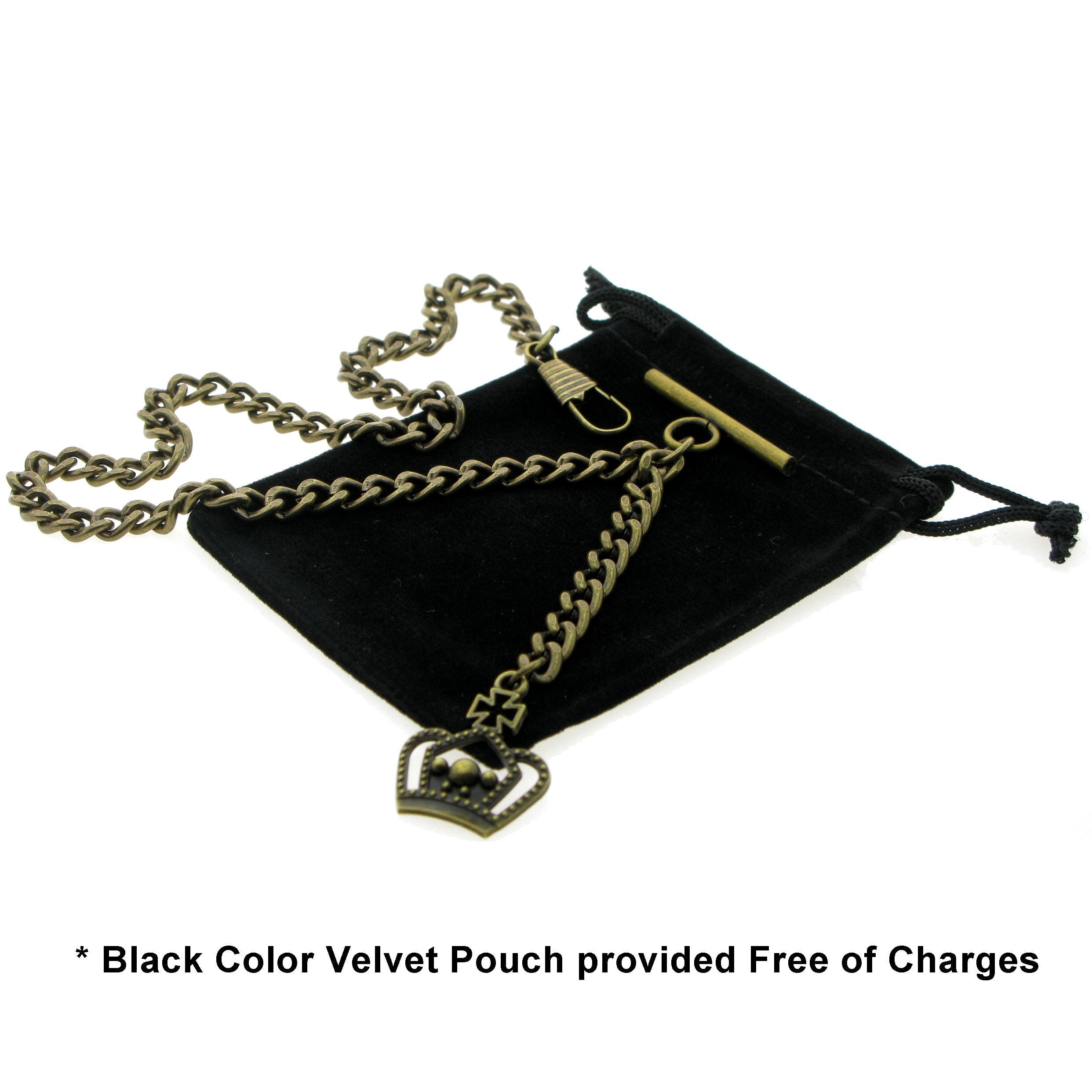 Albert Chain Pocket Watch Chains for Men Antique Brass Plating with Crown Design Fob T Bar AC28