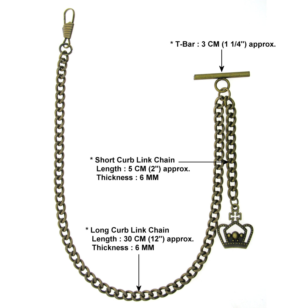 Albert Chain Pocket Watch Chains for Men Antique Brass Plating with Crown Design Fob T Bar AC28