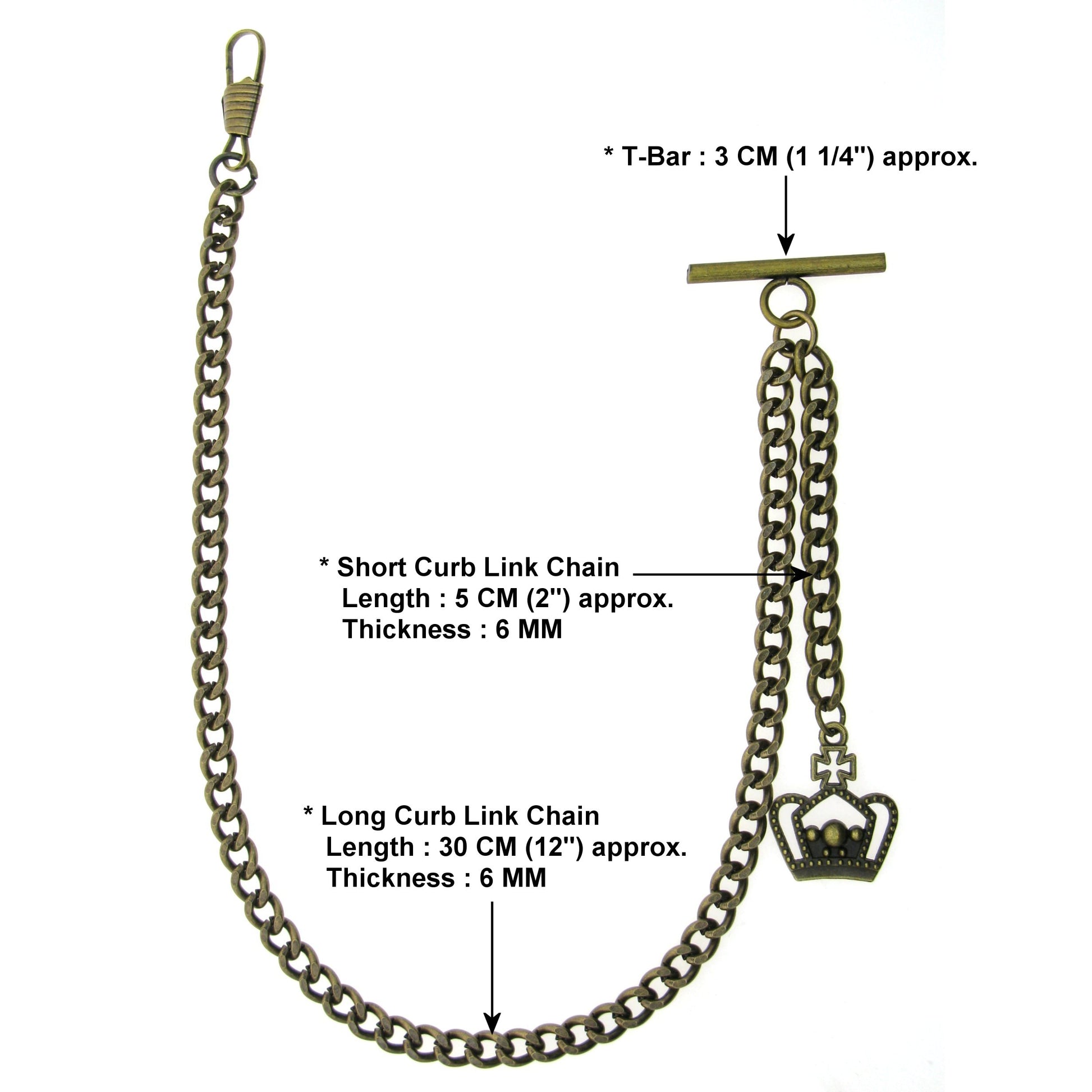 Albert Chain Pocket Watch Chains for Men Antique Brass Plating with Crown Design Fob T Bar AC28