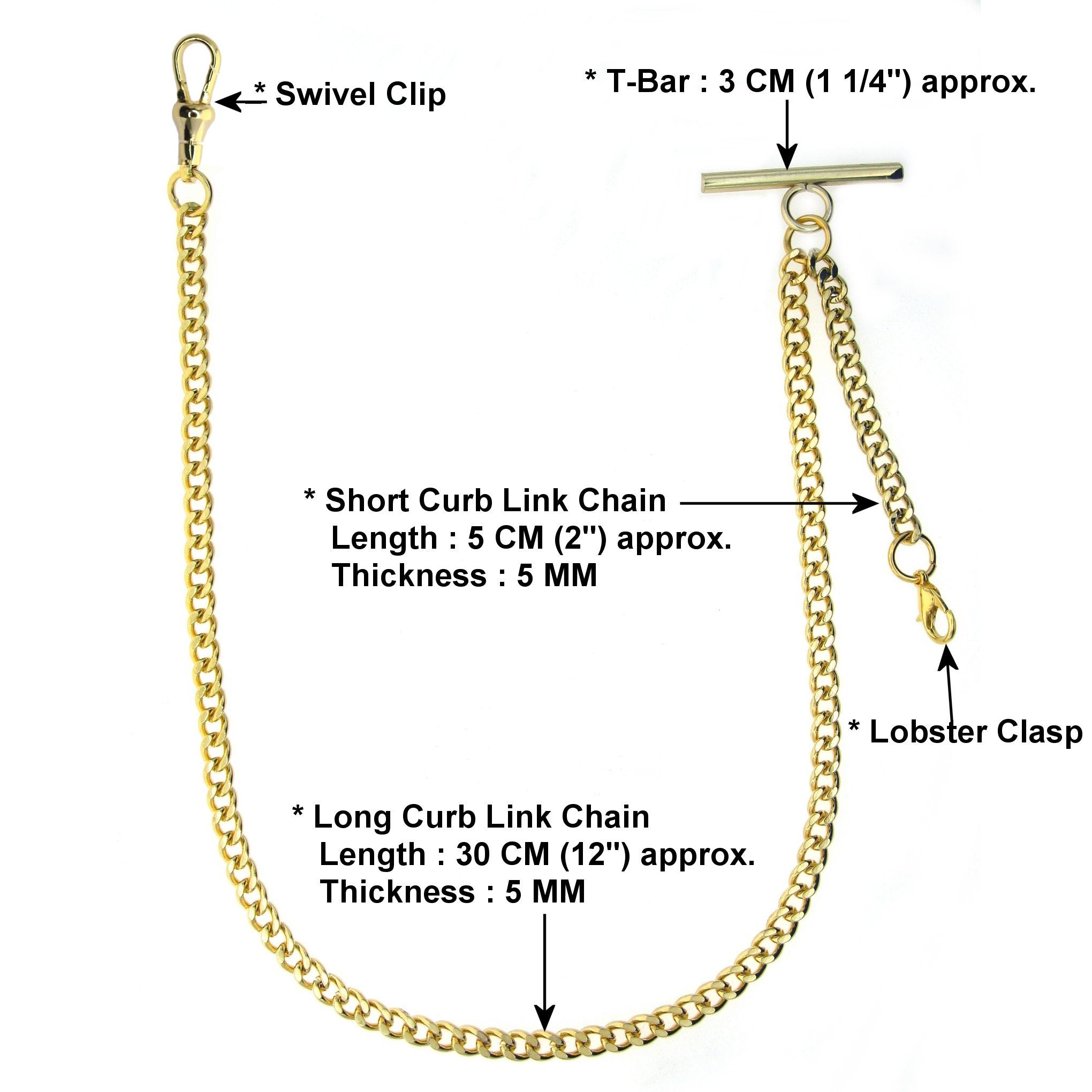 Albert Chain Gold Color Pocket Watch Chains for Men with T Bar Swivel Clasp and Lobster Clasp AC33