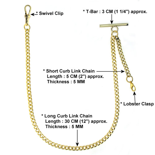 Albert Chain Gold Color Pocket Watch Chains for Men with T Bar Swivel Clasp and Lobster Clasp AC33