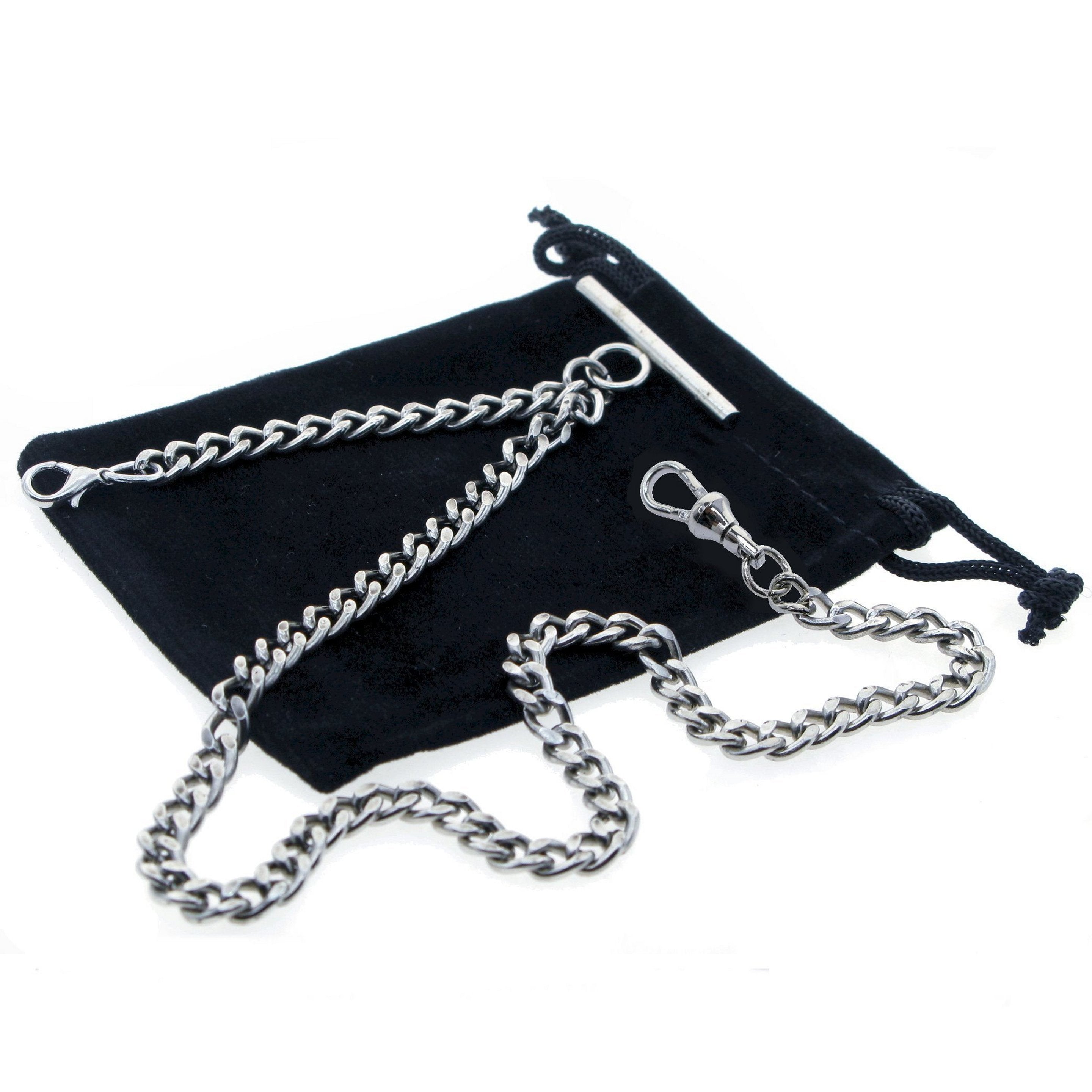 Pocket Watch Chain Silver Color Albert Chain for Men with Swivel Clasp T Bar and Lobster Clasp AC34