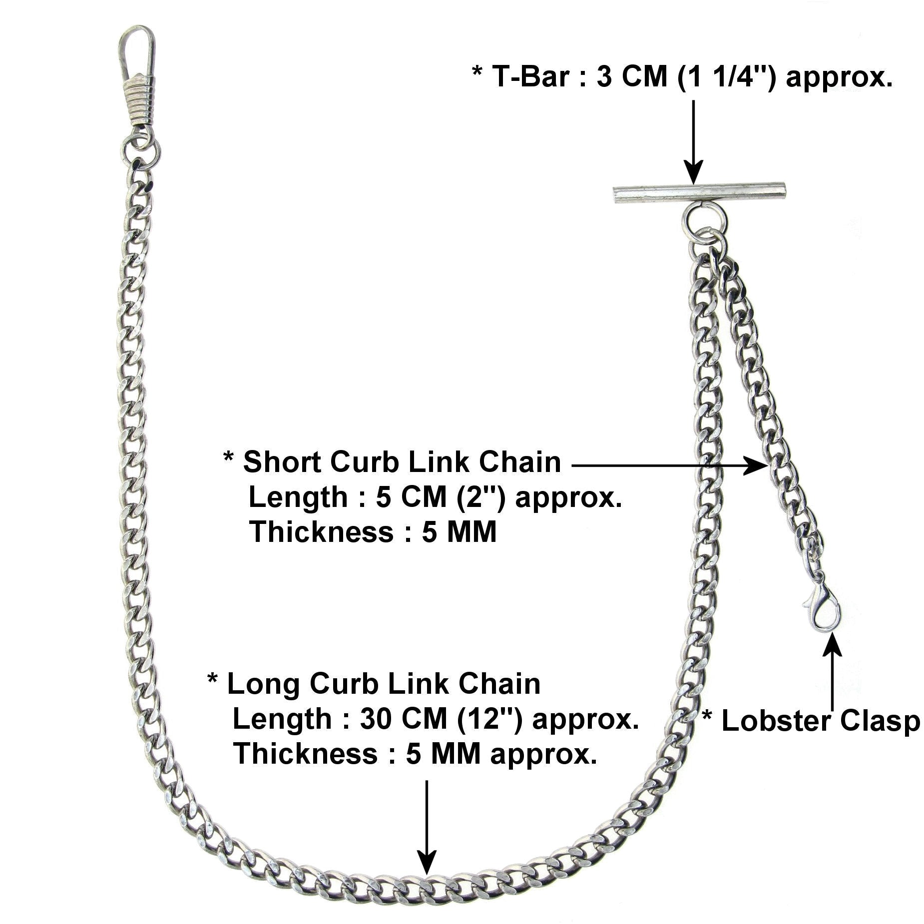 Pocket Watch Chain Silver Color Albert Chain for Men with Swivel Clasp T Bar and Lobster Clasp AC34