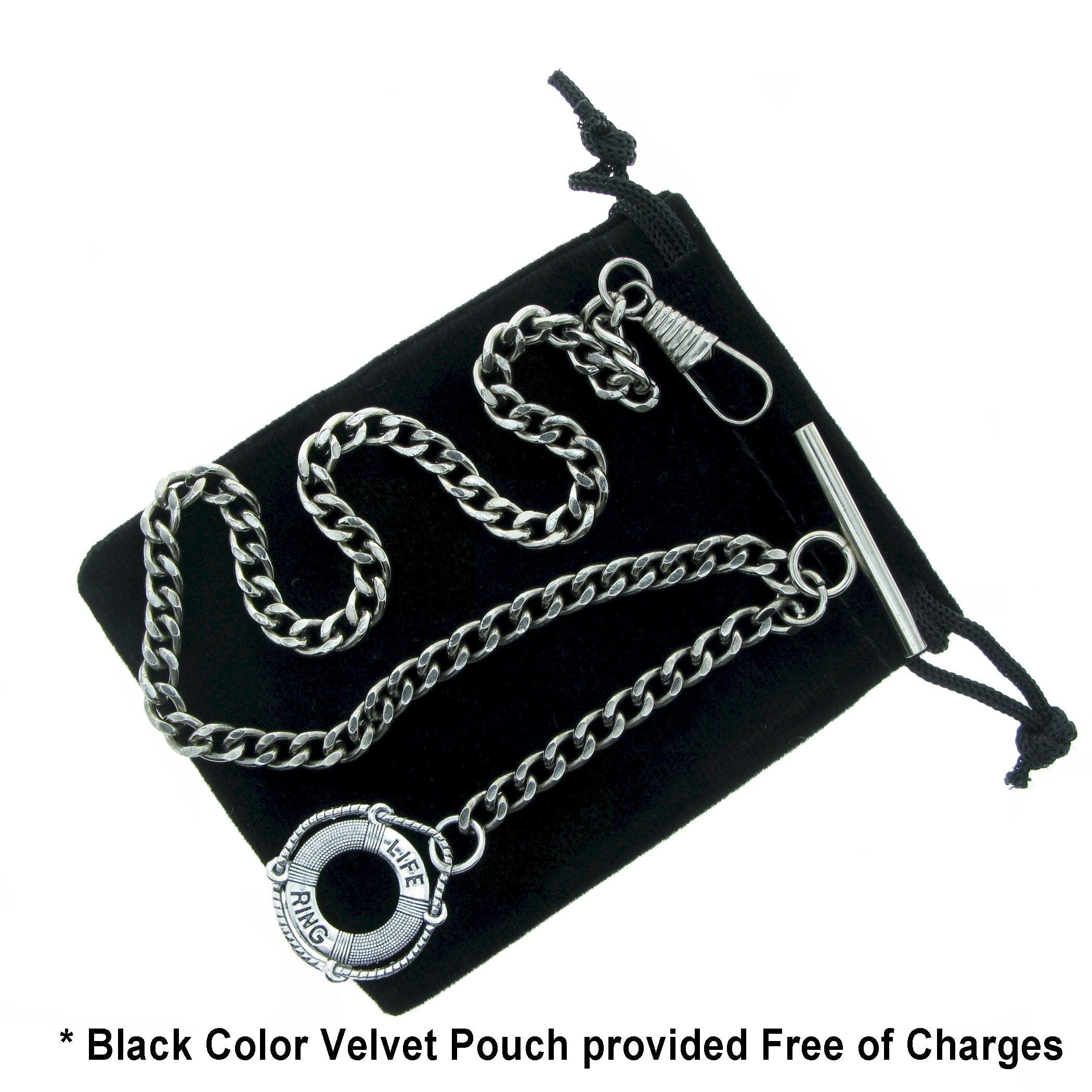 Albert Chain Silver Color Pocket Watch Chains for Men with Lifebuoy Design Fob T Bar AC35