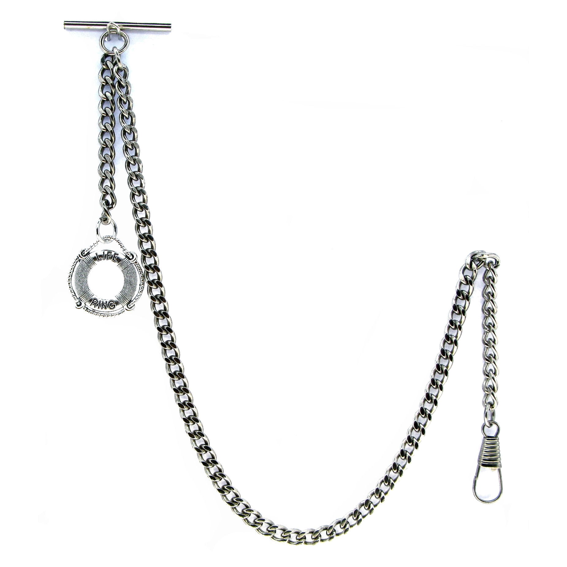 Albert Chain Silver Color Pocket Watch Chains for Men with Lifebuoy Design Fob T Bar AC35