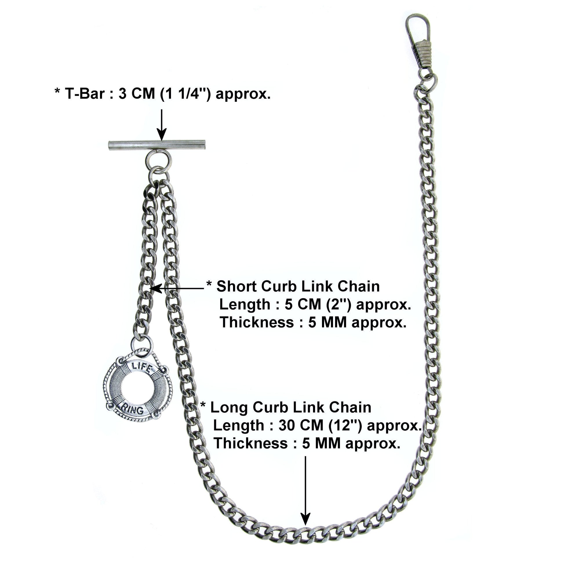 Albert Chain Silver Color Pocket Watch Chains for Men with Lifebuoy Design Fob T Bar AC35