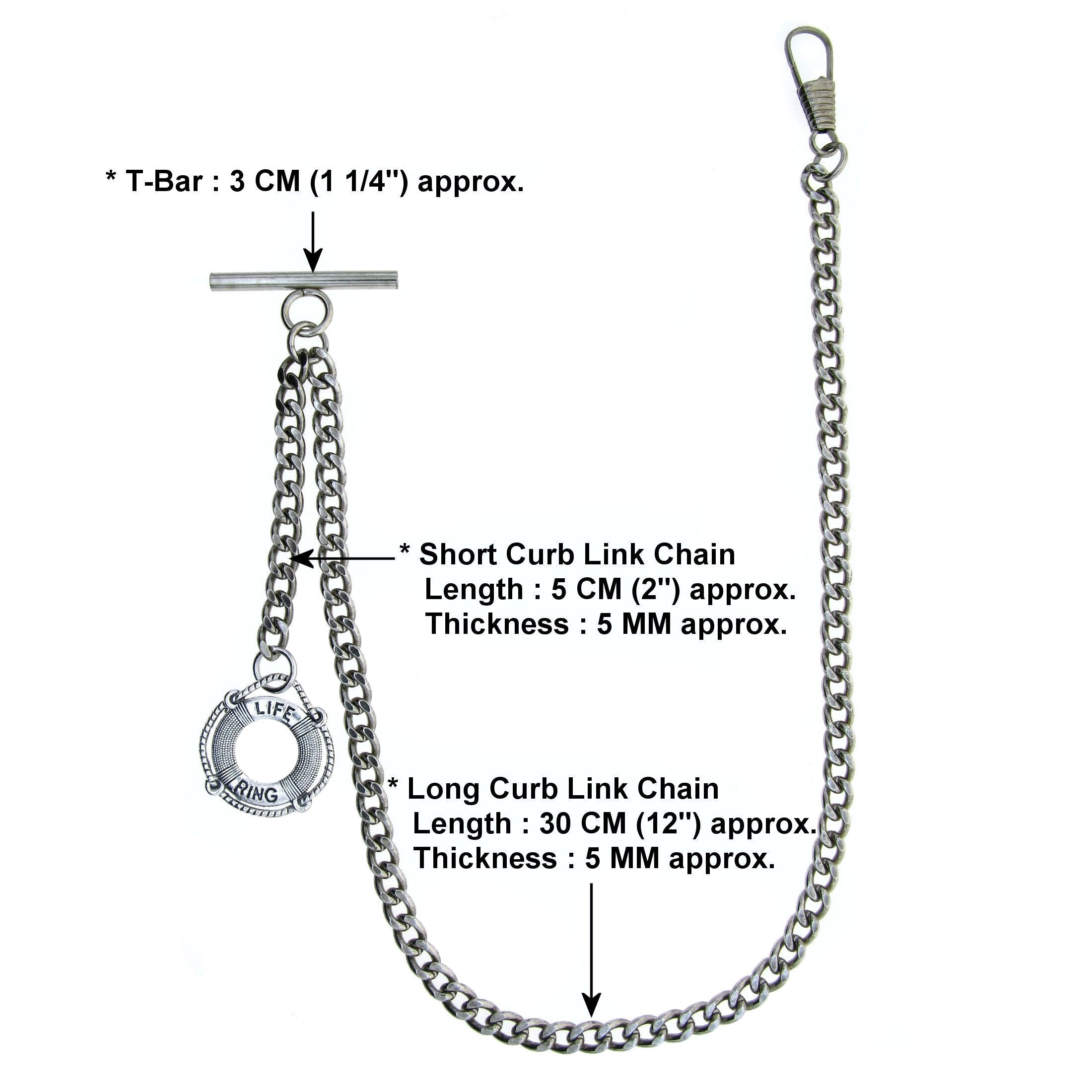 Albert Chain Silver Color Pocket Watch Chains for Men with Lifebuoy Design Fob T Bar AC35