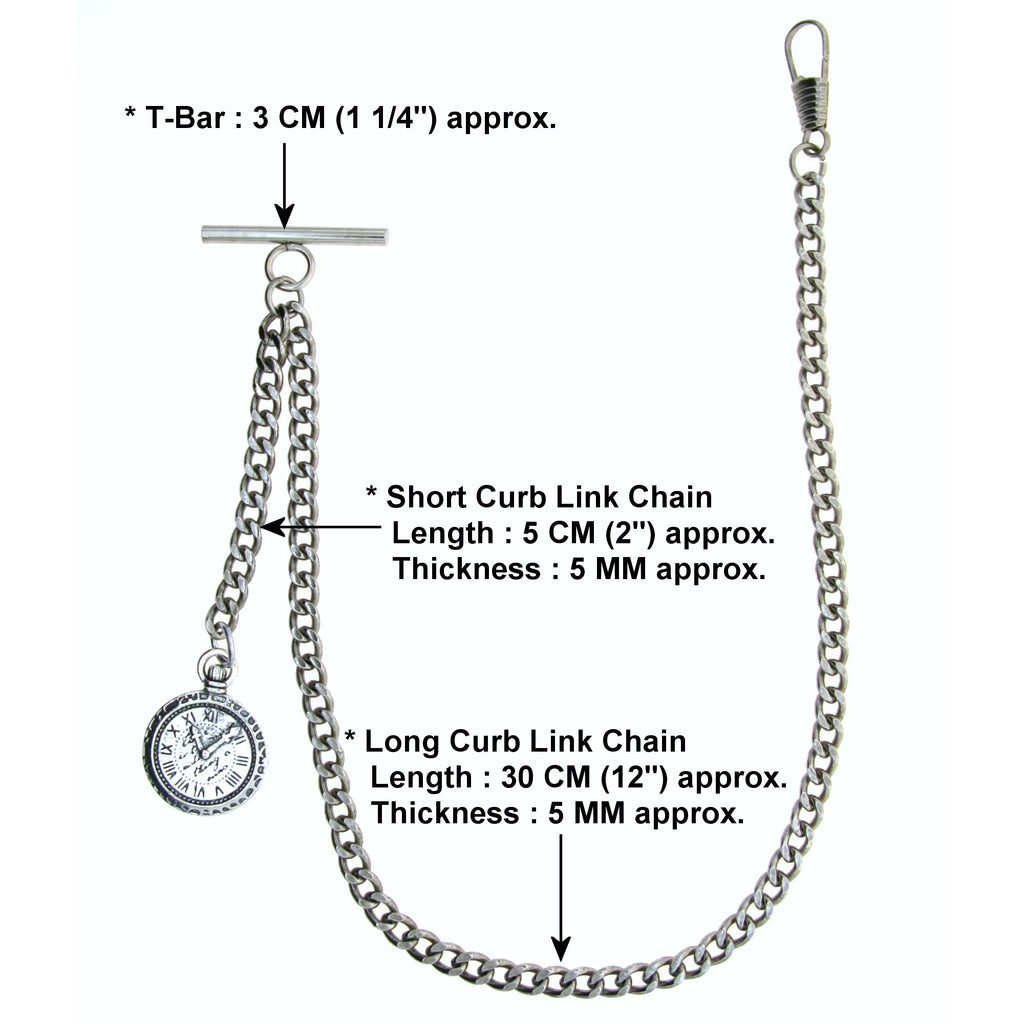 Albert Chain Silver Color Pocket Watch Chains for Men with Mini Pocket Watch Design Fob T Bar AC36