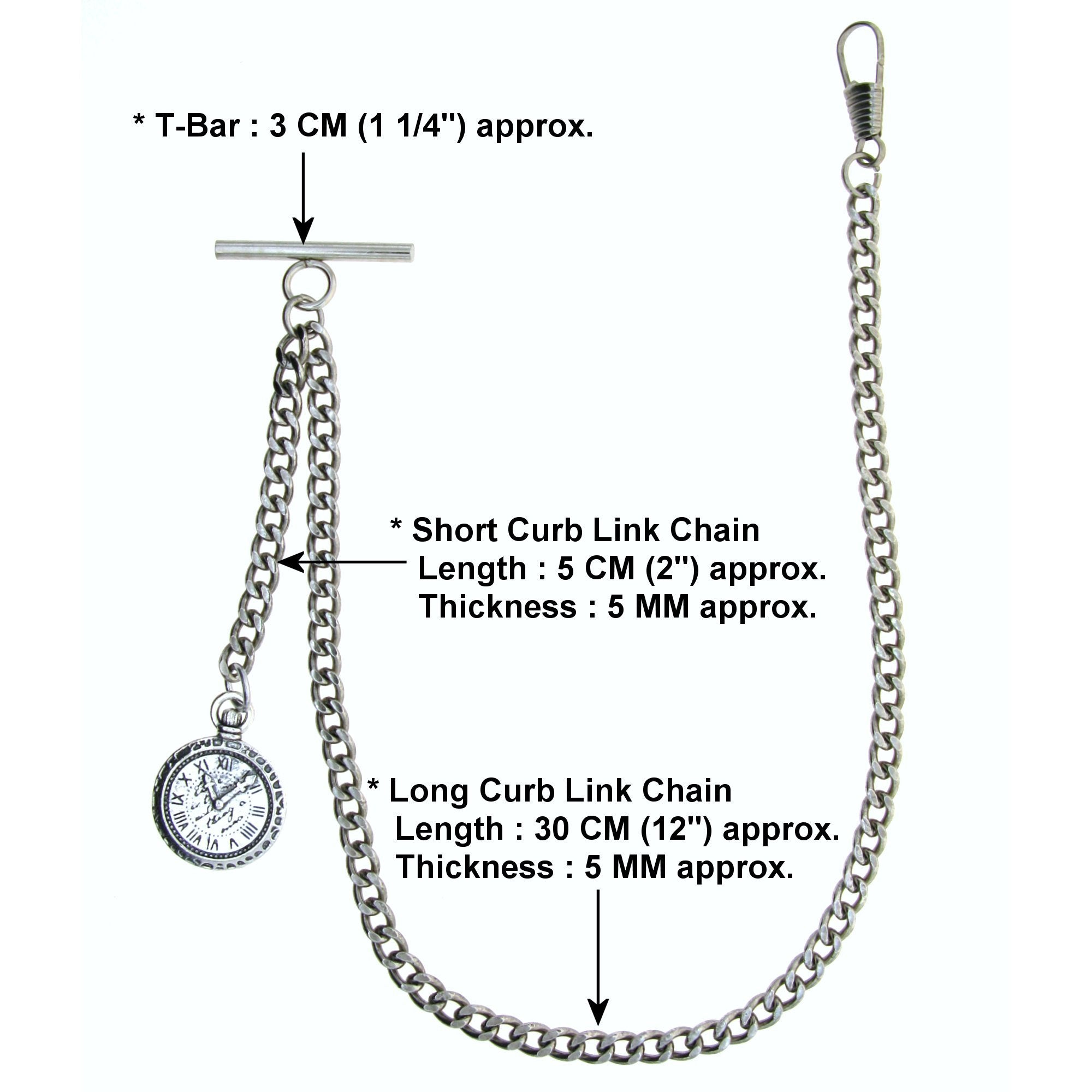 Albert Chain Silver Color Pocket Watch Chains for Men with Mini Pocket Watch Design Fob T Bar AC36