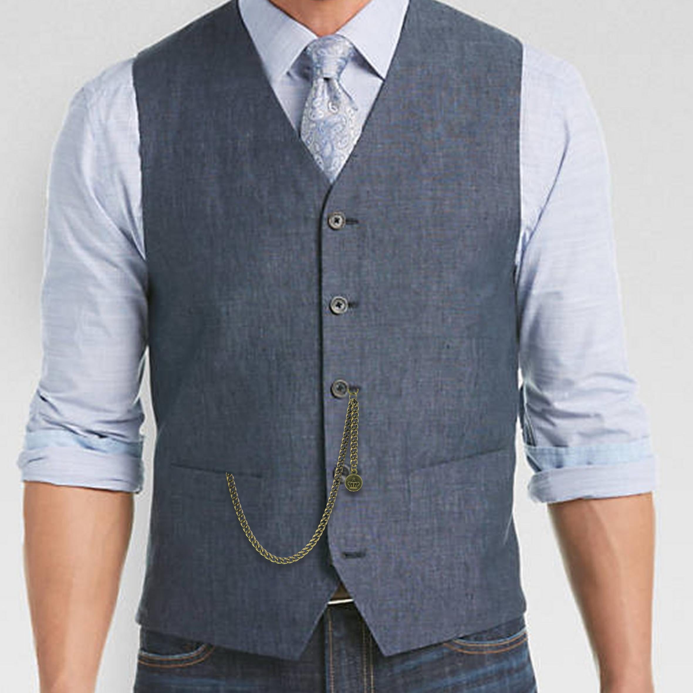 Albert Chain Pocket Watch Chains for Men Antique Brass Plating with Crown Medal Fob T Bar AC37