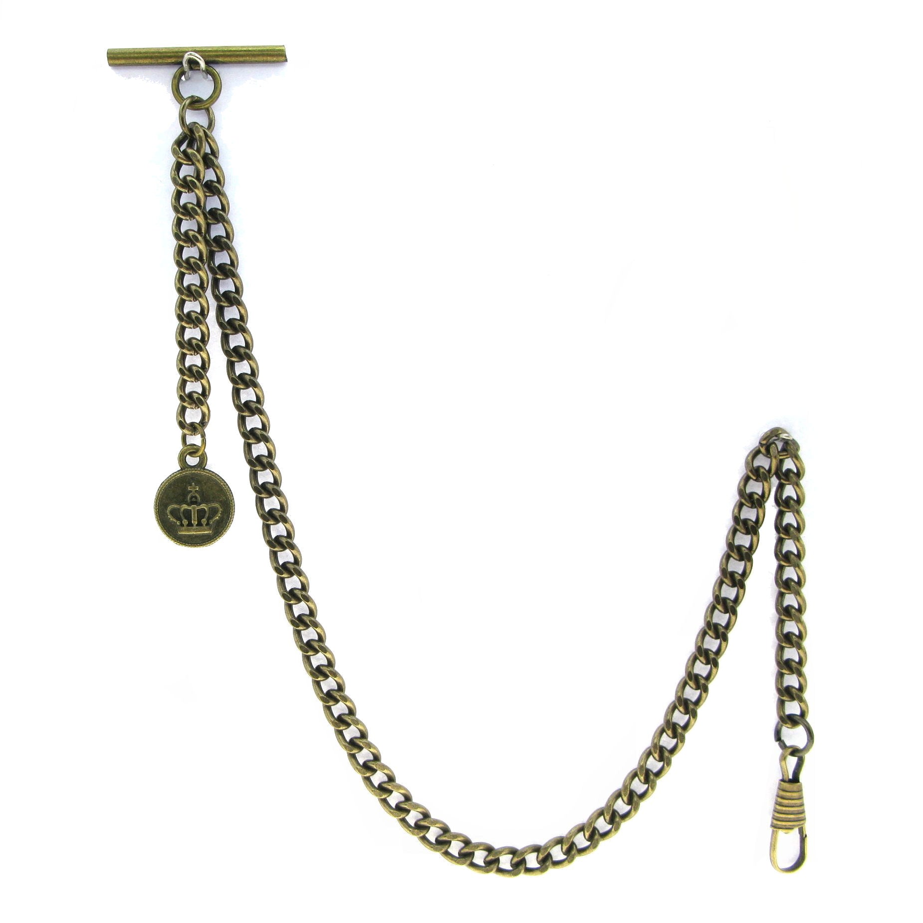 Albert Chain Pocket Watch Chains for Men Antique Brass Plating with Crown Medal Fob T Bar AC37