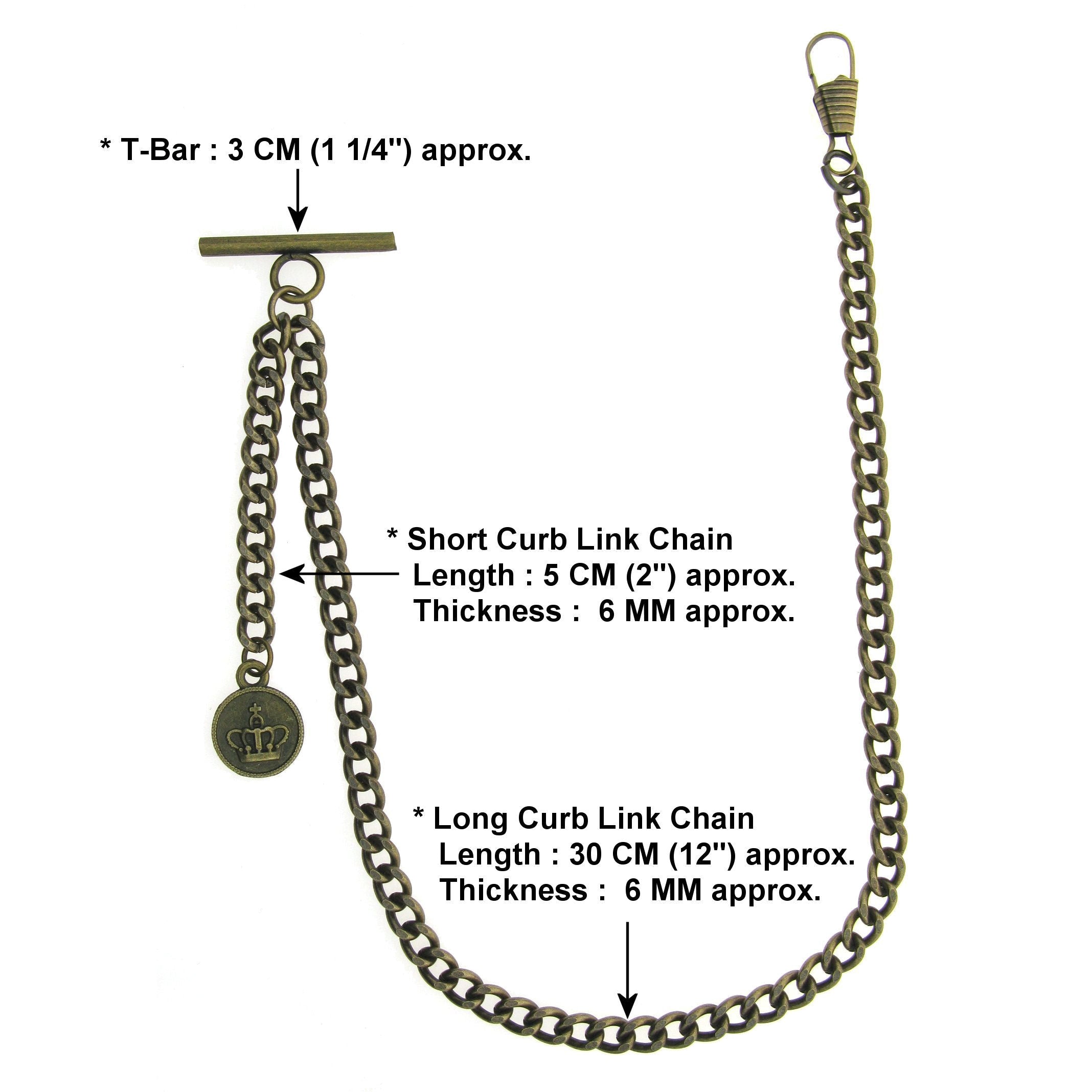 Albert Chain Pocket Watch Chains for Men Antique Brass Plating with Crown Medal Fob T Bar AC37