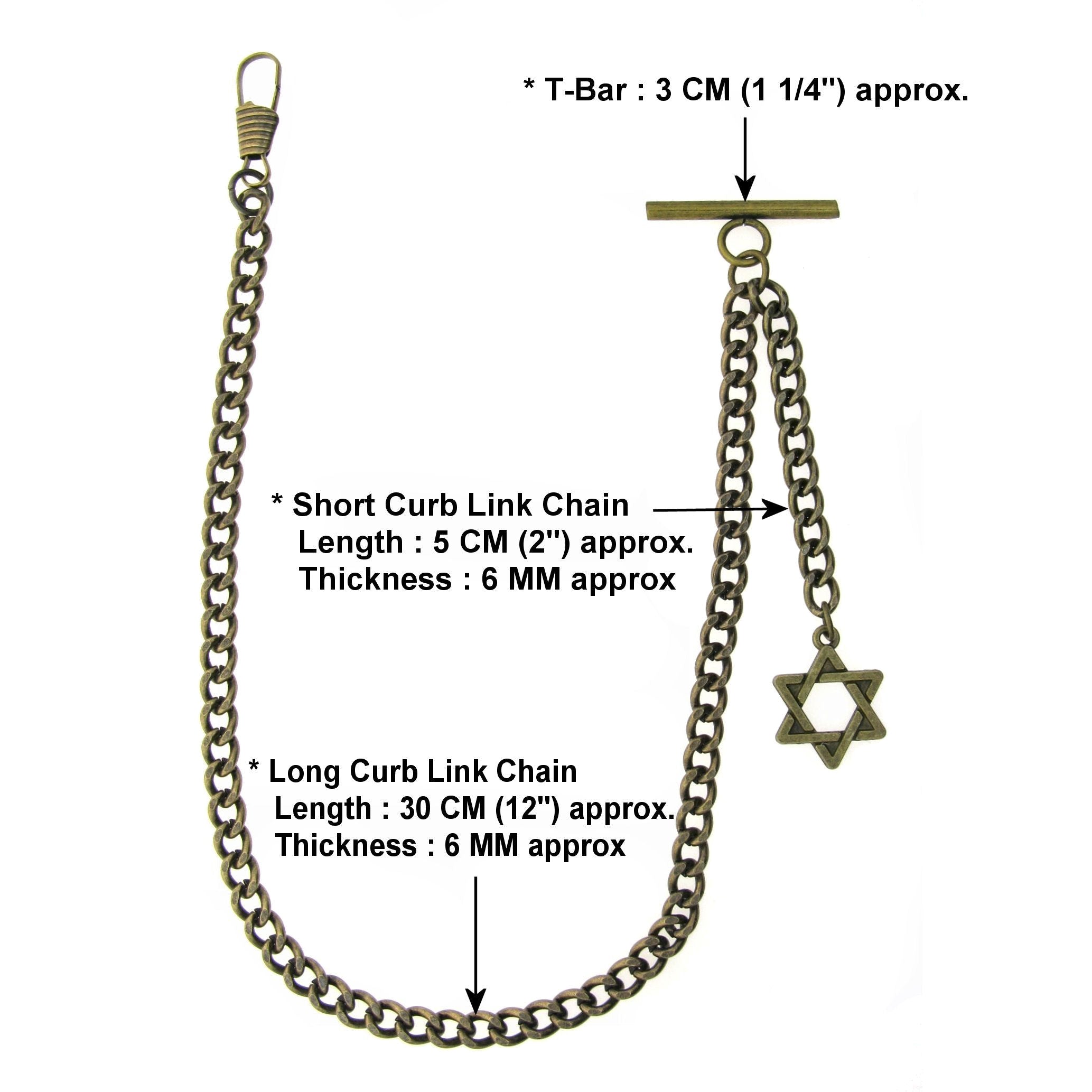 Albert Chain Pocket Watch Chains for Men Antique Brass Plating with Star Design Fob T Bar AC38