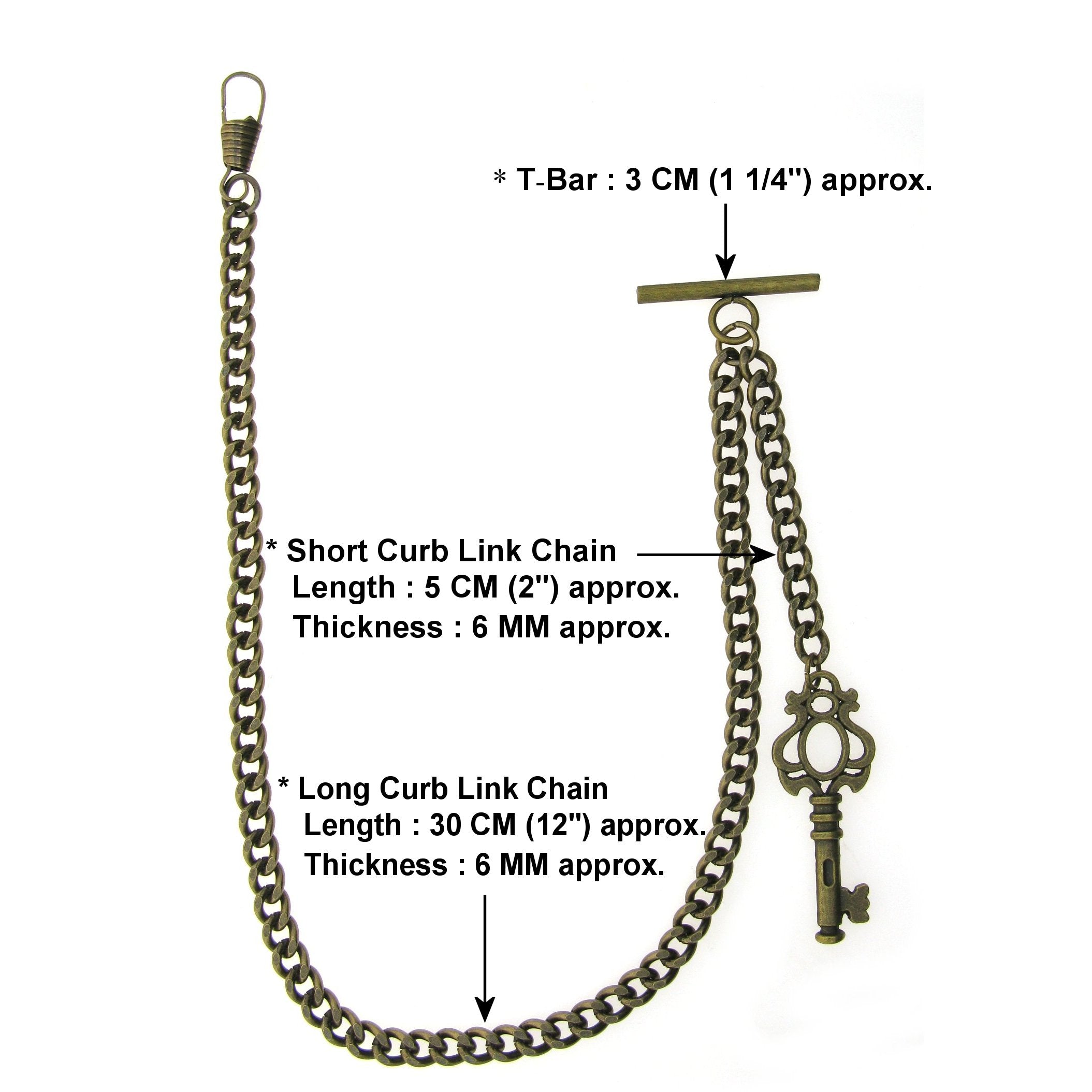 Albert Chain Pocket Watch Chains for Men Antique Brass Color with Antique Key Design Fob T Bar AC40