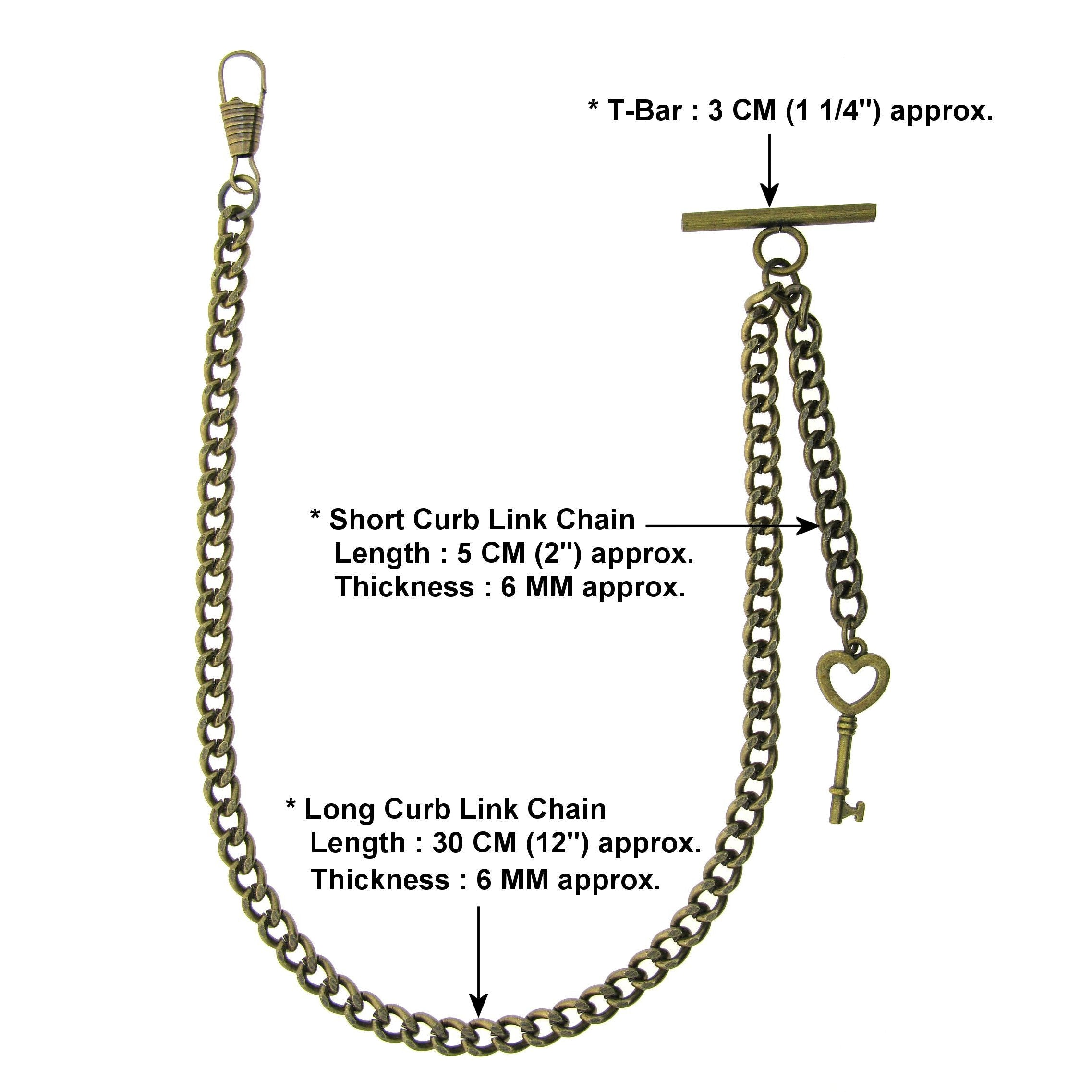 Albert Chain Pocket Watch Chains for Men Antique Brass Color with Key Design Fob and T Bar AC41