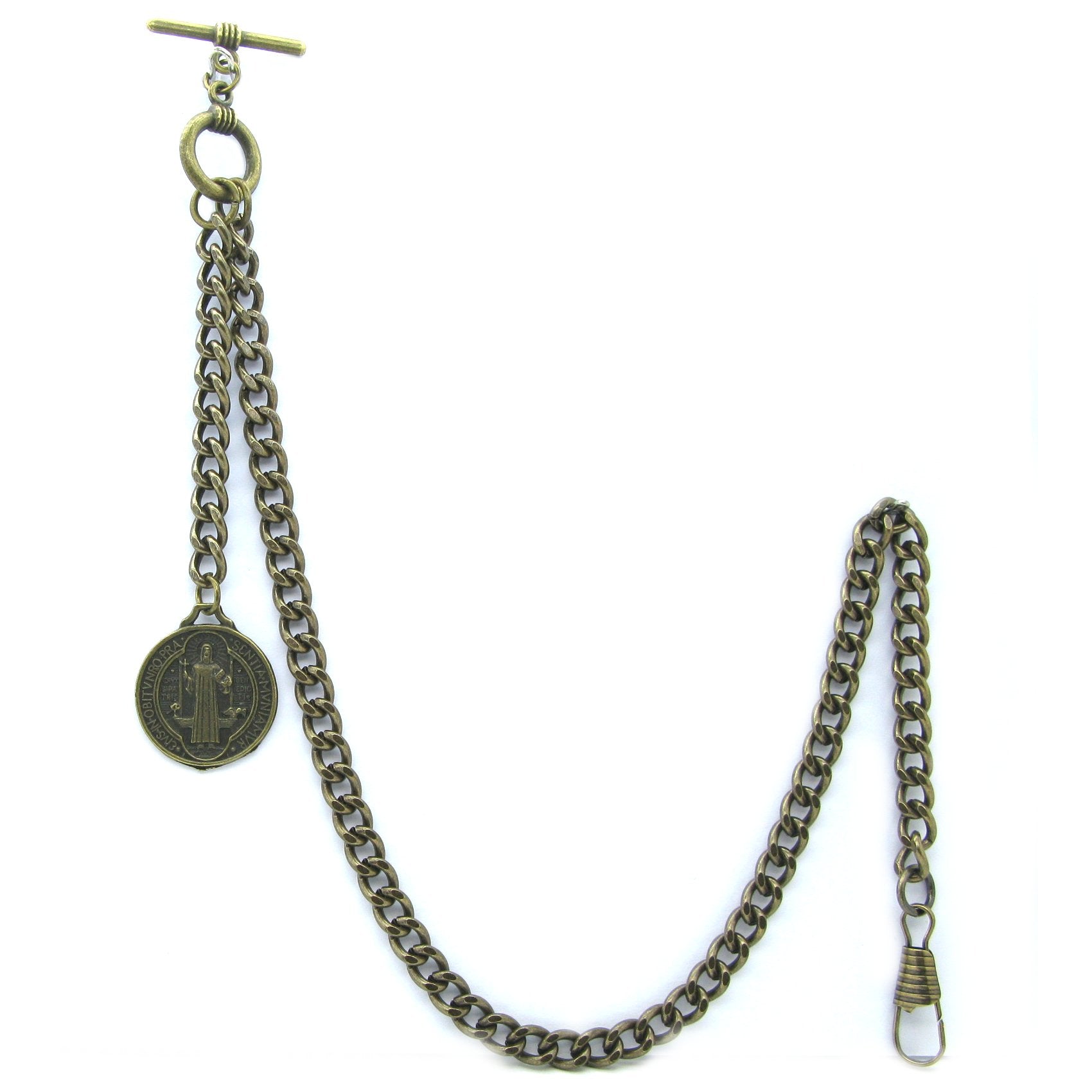 Albert Chain Pocket Watch Chains Vest Chain for Men Antique Brass Color with Saint Benedict Medal Fob T Bar AC42