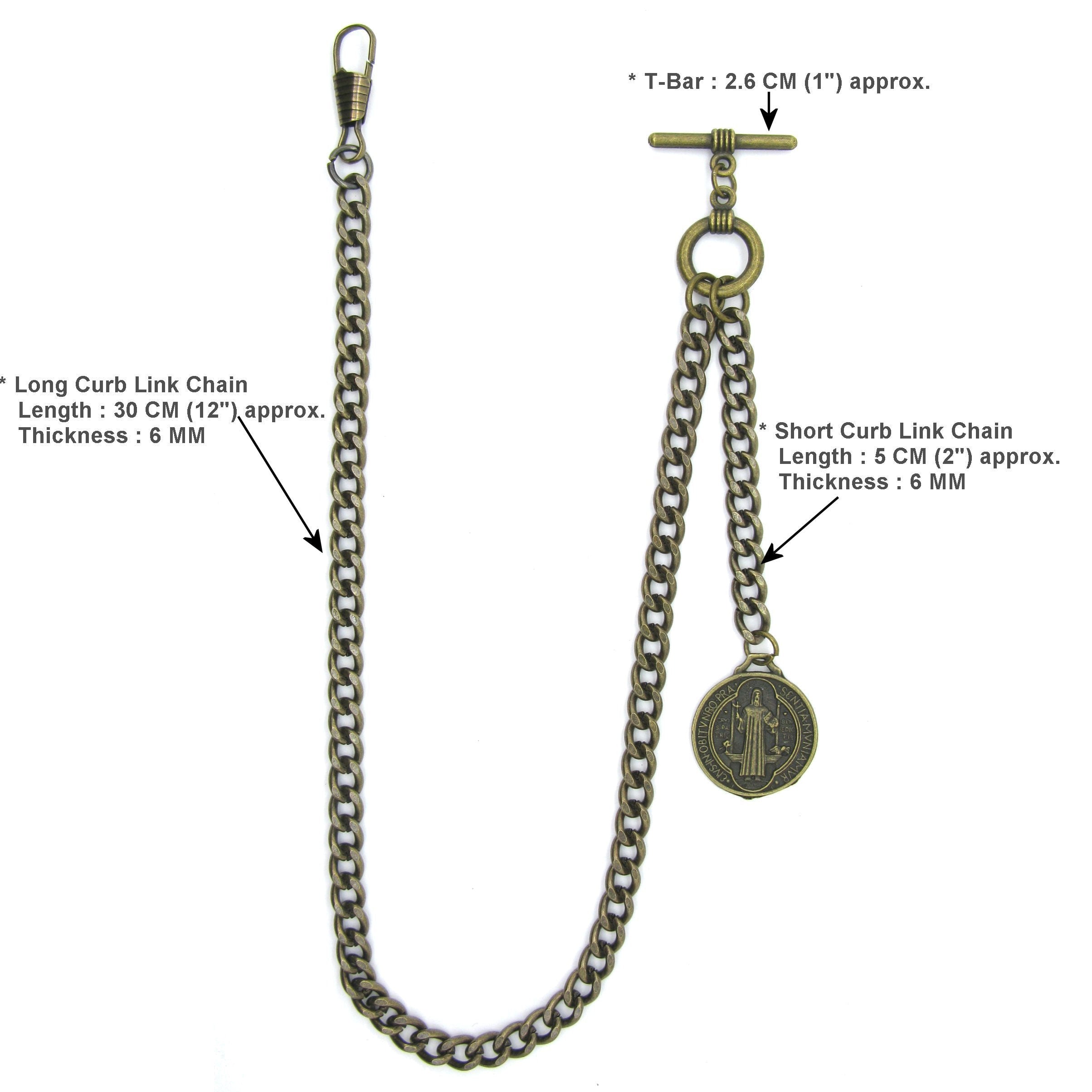 Albert Chain Pocket Watch Chains Vest Chain for Men Antique Brass Color with Saint Benedict Medal Fob T Bar AC42