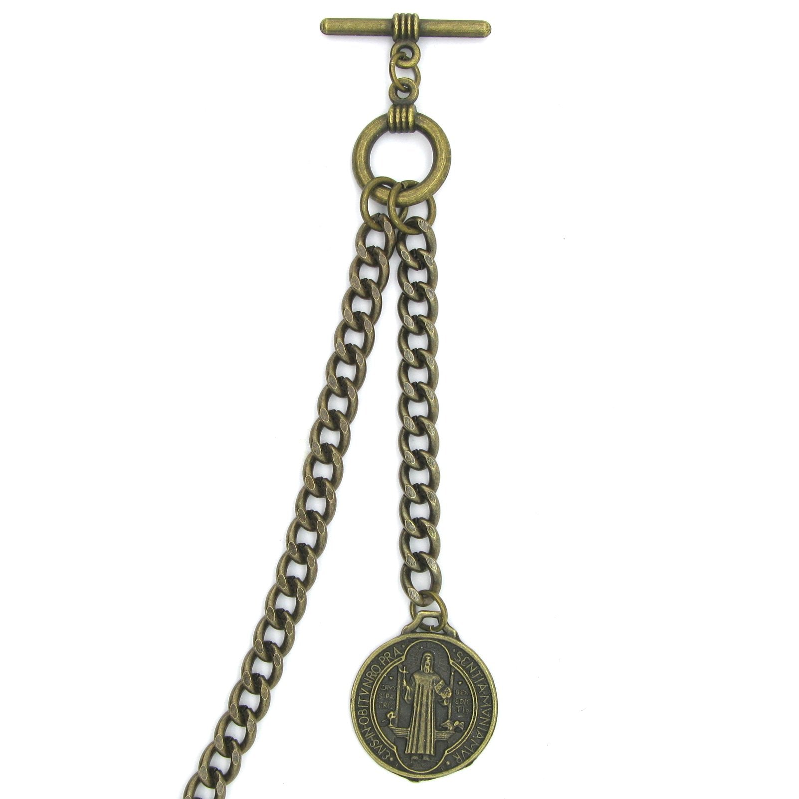 Albert Chain Pocket Watch Chains Vest Chain for Men Antique Brass Color with Saint Benedict Medal Fob T Bar AC42