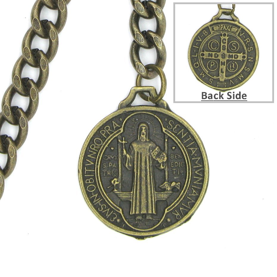 Albert Chain Pocket Watch Chains Vest Chain for Men Antique Brass Color with Saint Benedict Medal Fob T Bar AC42