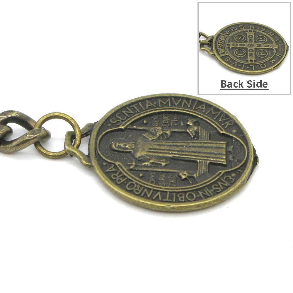 Albert Chain Pocket Watch Chains Vest Chain for Men Antique Brass Color with Saint Benedict Medal Fob T Bar AC42