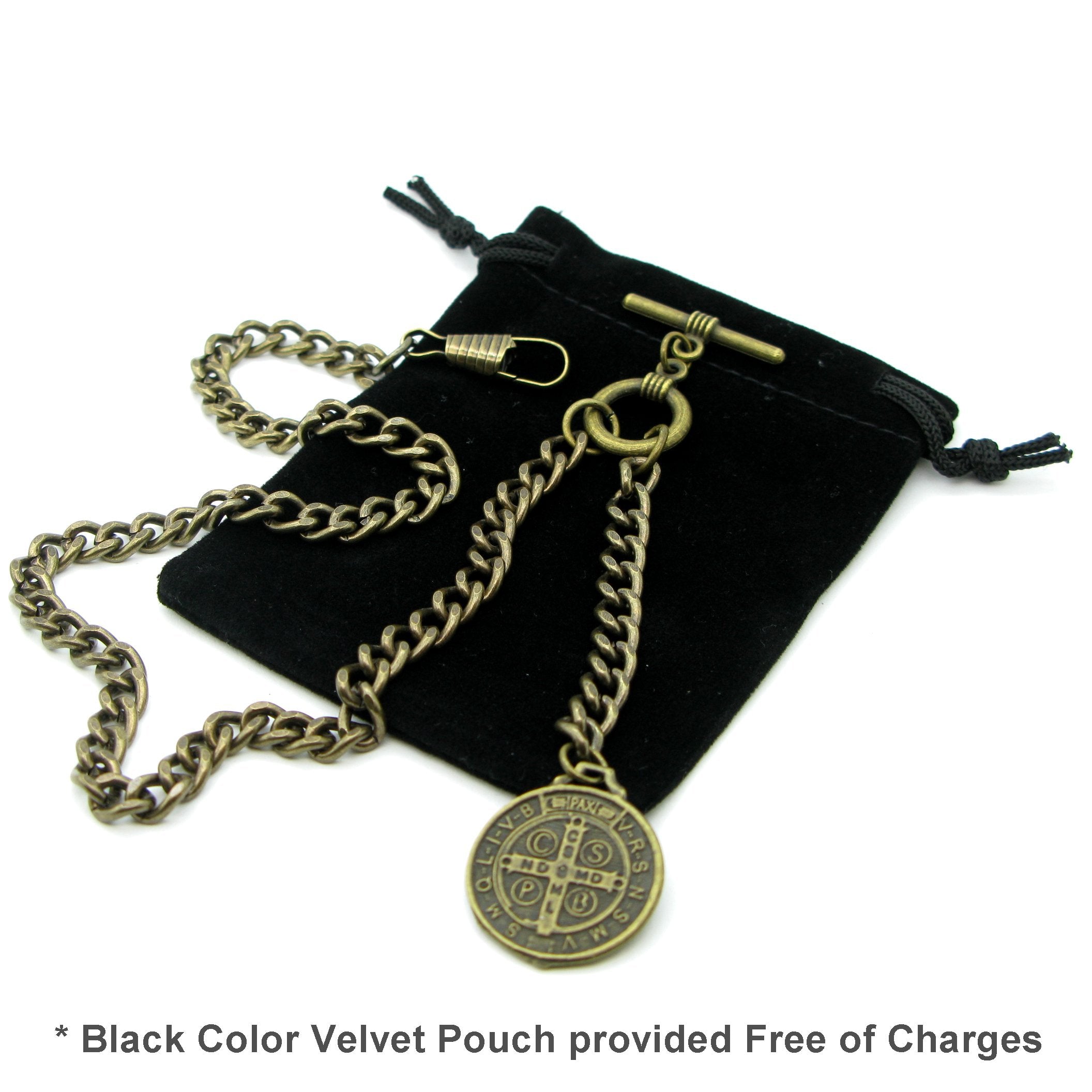 Albert Chain Pocket Watch Chains Vest Chain for Men Antique Brass Color with Saint Benedict Medal Fob T Bar AC42