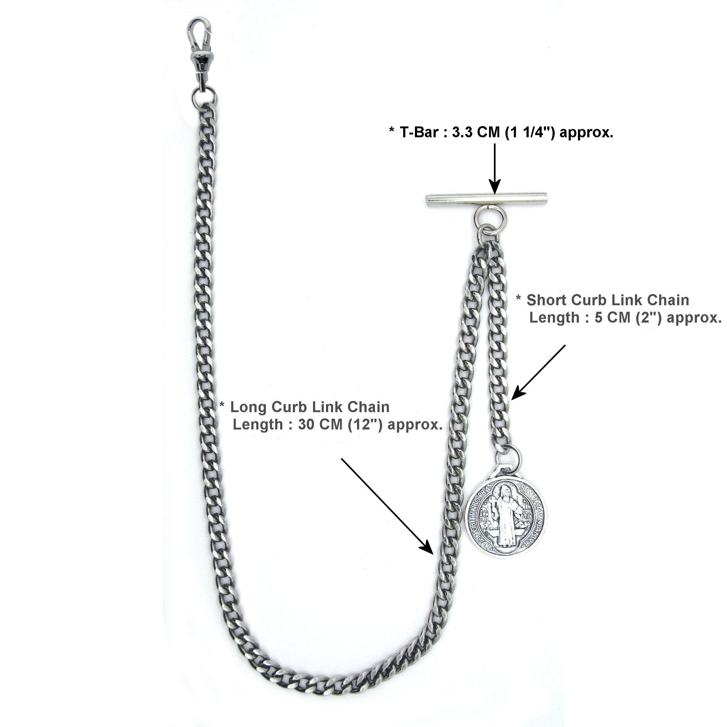 Albert Chain Silver Color Pocket Watch Chains for Men with St. Benedict Medal Fob T Bar AC43