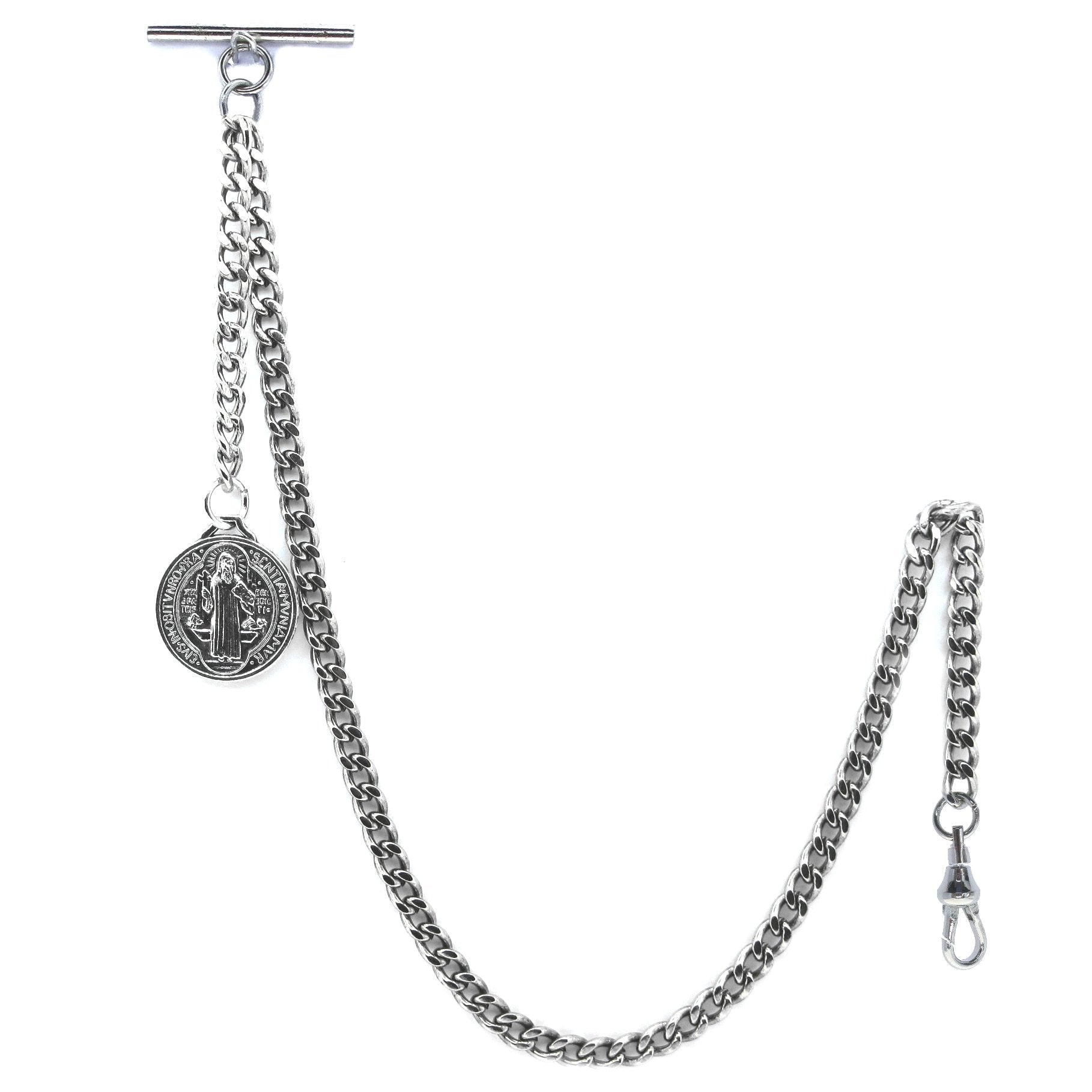 Albert Chain Silver Color Pocket Watch Chains for Men with St. Benedict Medal Fob T Bar AC43